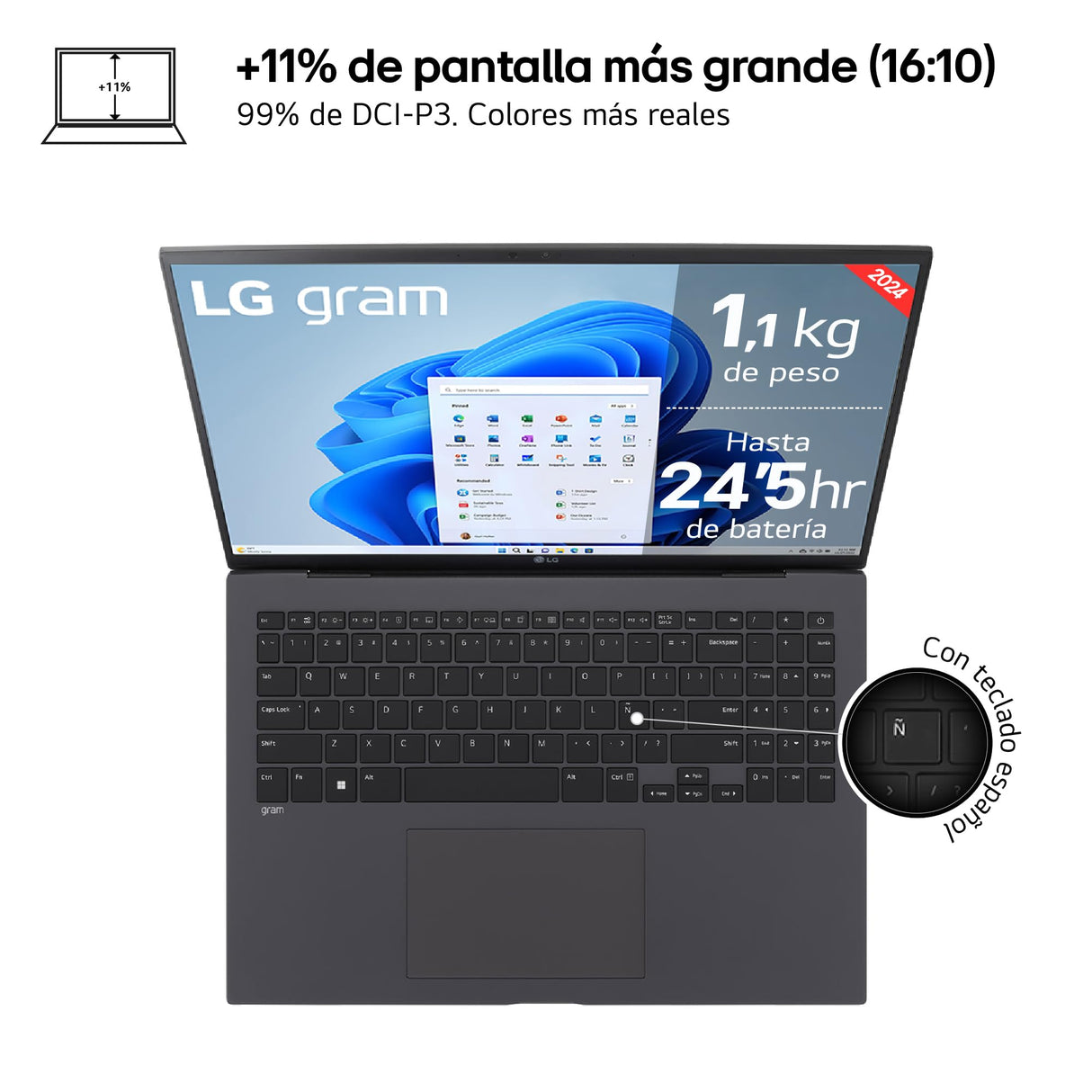 LG Gram 16Z90S-G.AD76B - Portátil Ultraligero de 40.6 cm (16") 2560x1600, Panel IPS Antirreflejo, Intel Core Ultra 7, 32 GB RAM, 512GB SSD, 1.199 g, Batería 24.5 horas, Windows 11 Home, Gris Carbón