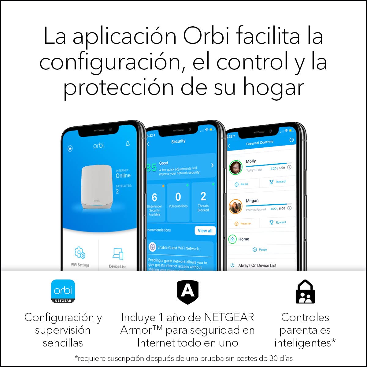 NETGEAR Orbi Sistema Mesh WiFi 6 RBK763S - Router Mesh y 2 extensores - Cobertura hasta 525 m2 - Mejora la velocidad WiFi hasta 5,4 Gbps y 75 dispositivos - Configuración sencilla de la aplicación