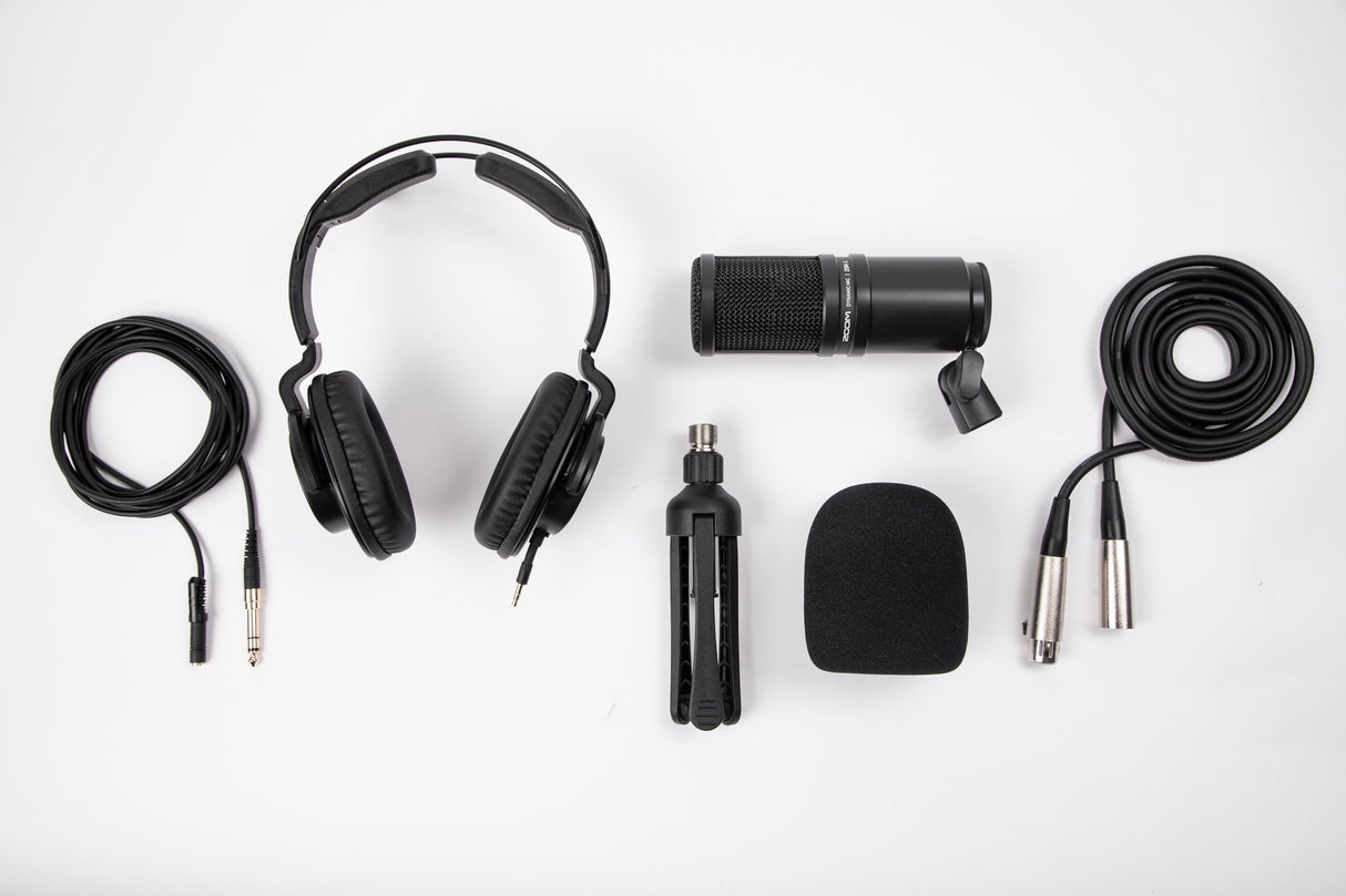 Zoom ZDM-1 Juego de micrófono para podcasts, micrófono dinámico para podcast, ZHO-1, auriculares, trípode TPS-4, esponja, 2 m, cable XLR, para grabación y streaming de podcasts