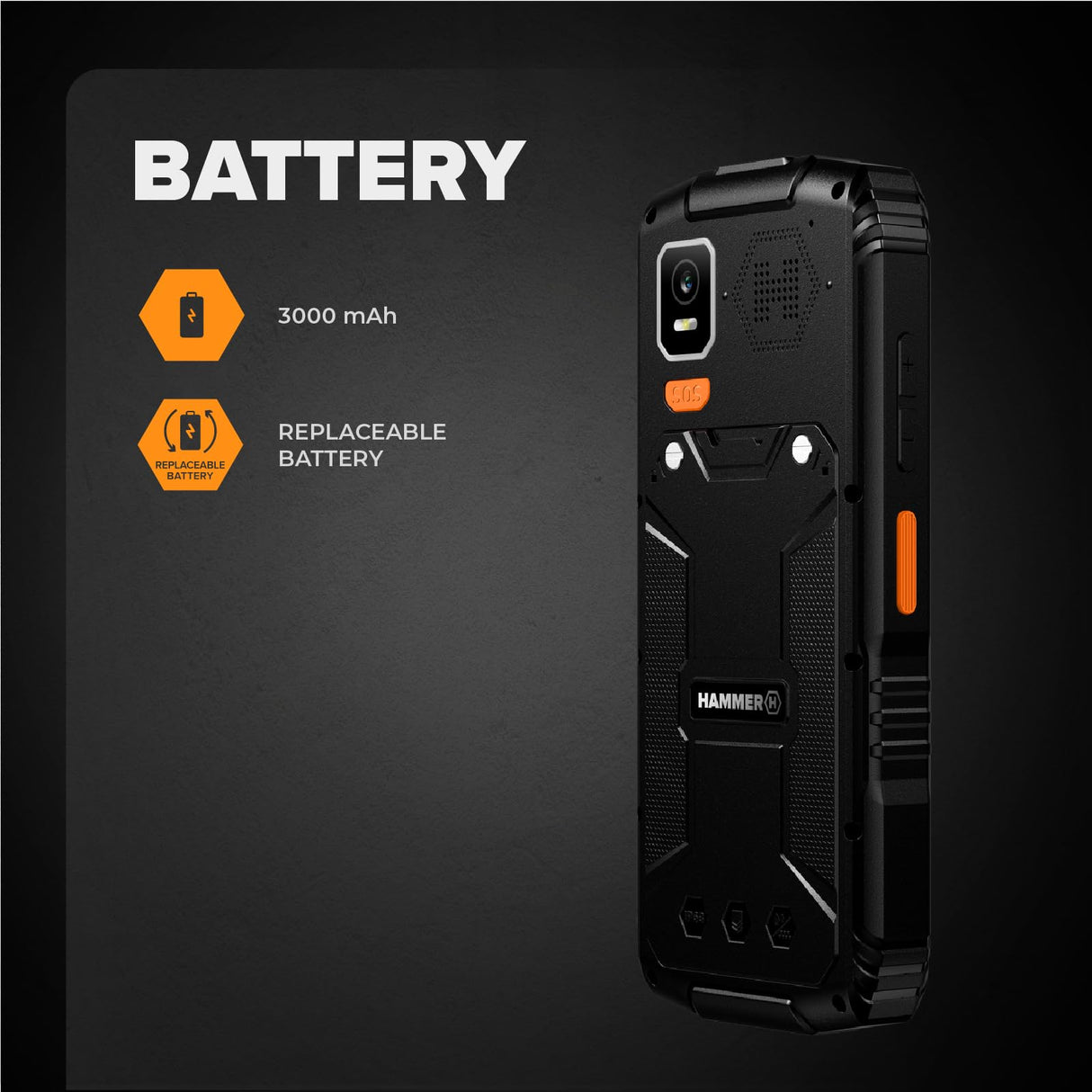 Hammer H Horizon LTE Móvil Irrompible, Batería 3000mAh, 64 GB, Pantalla IPS 2,8", Teclas Grandes, Botón SOS, Linterna, Cámara 2MP, Radio FM, USB-C, Dual SIM, IP68/MIL-STD-810H, Negro
