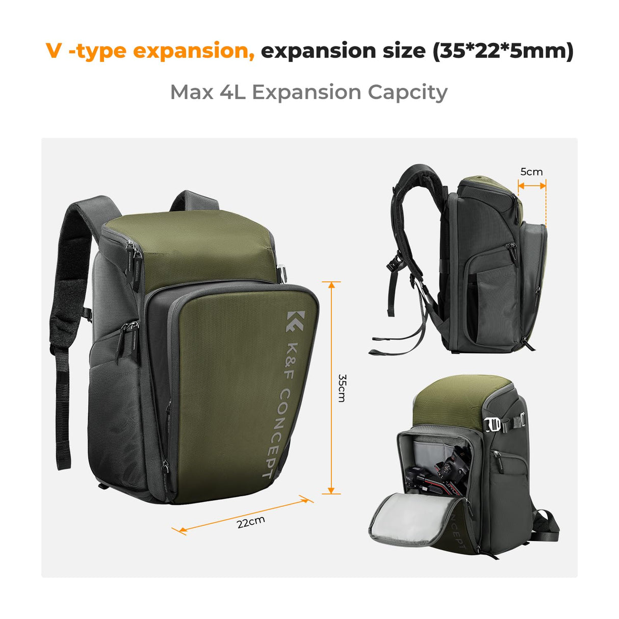 K&F Concept Mochila Cámara Profesional, Bolsa Fotógrafos Cámara Impermeable de Gran Capacidad Camera Reflex Digital DSLR, Adecuado para viajes al aire libre senderismo fotografía Verde