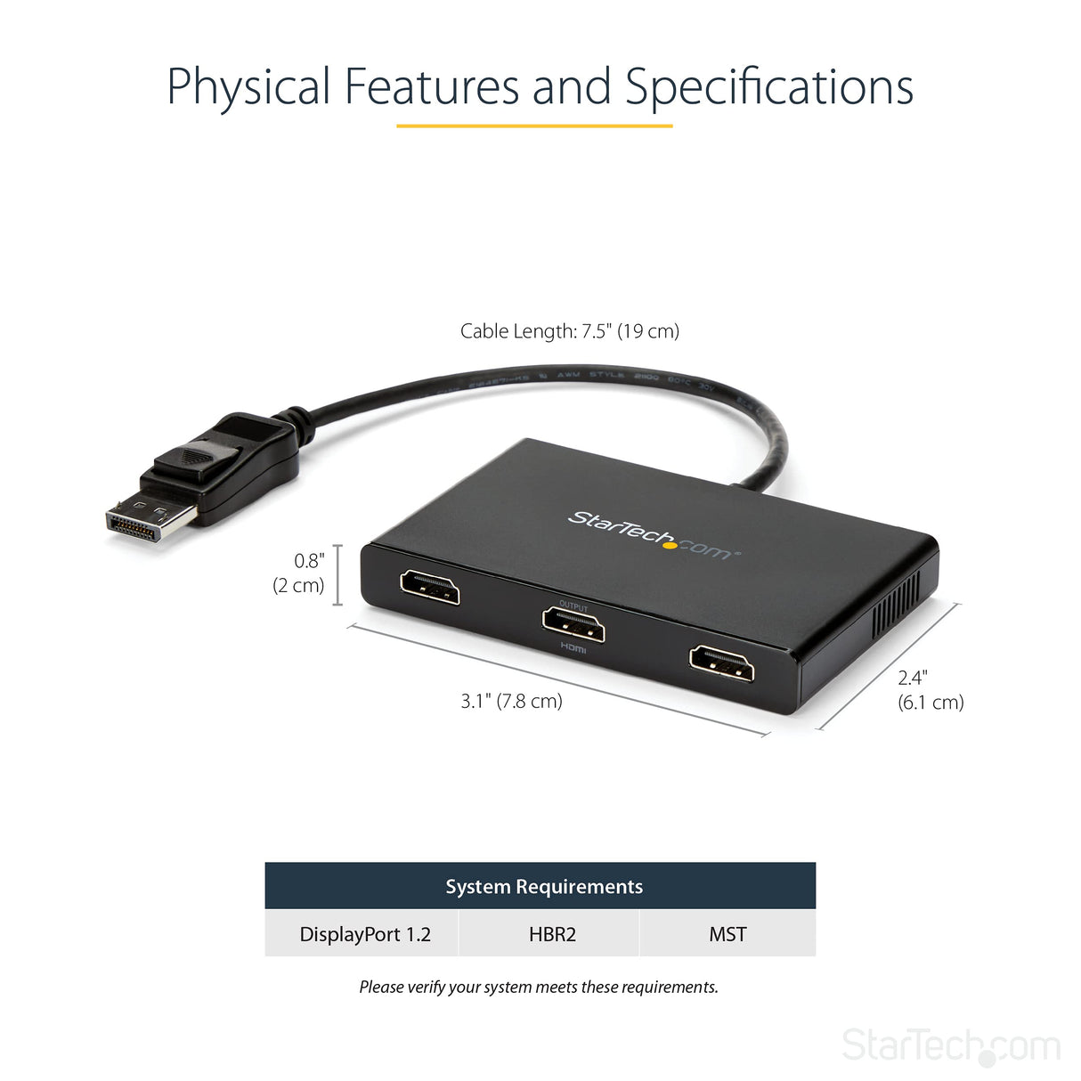 StarTech.com Adaptador Multimonitor de 3 Puertos, Divisor Splitter de Vídeo DisplayPort a 3x HDMI, Hub MST DP a HDMI -1080p Triple, Modo Extendido o Clonado, Windows Solamente (MSTDP123HD)