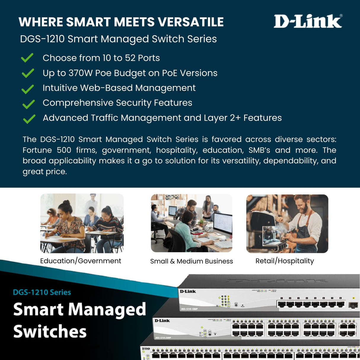 D-Link DGS-1210-52MP - Switch PoE 52 Puertos Gigabit y 4 Puertos SFP Combo (48 x PoE máx. 30 W por Puerto hasta un Total 370 W máx., Altura 1U, VLAN automática para Video vigilancia y telefonía IP)