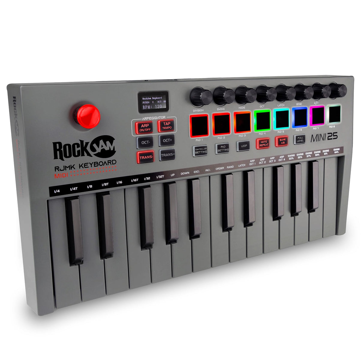 RockJam Go - Controlador de teclado MIDI USB y Bluetooth de 25 teclas con 8 almohadillas de batería retroiluminadas, 8 perillas