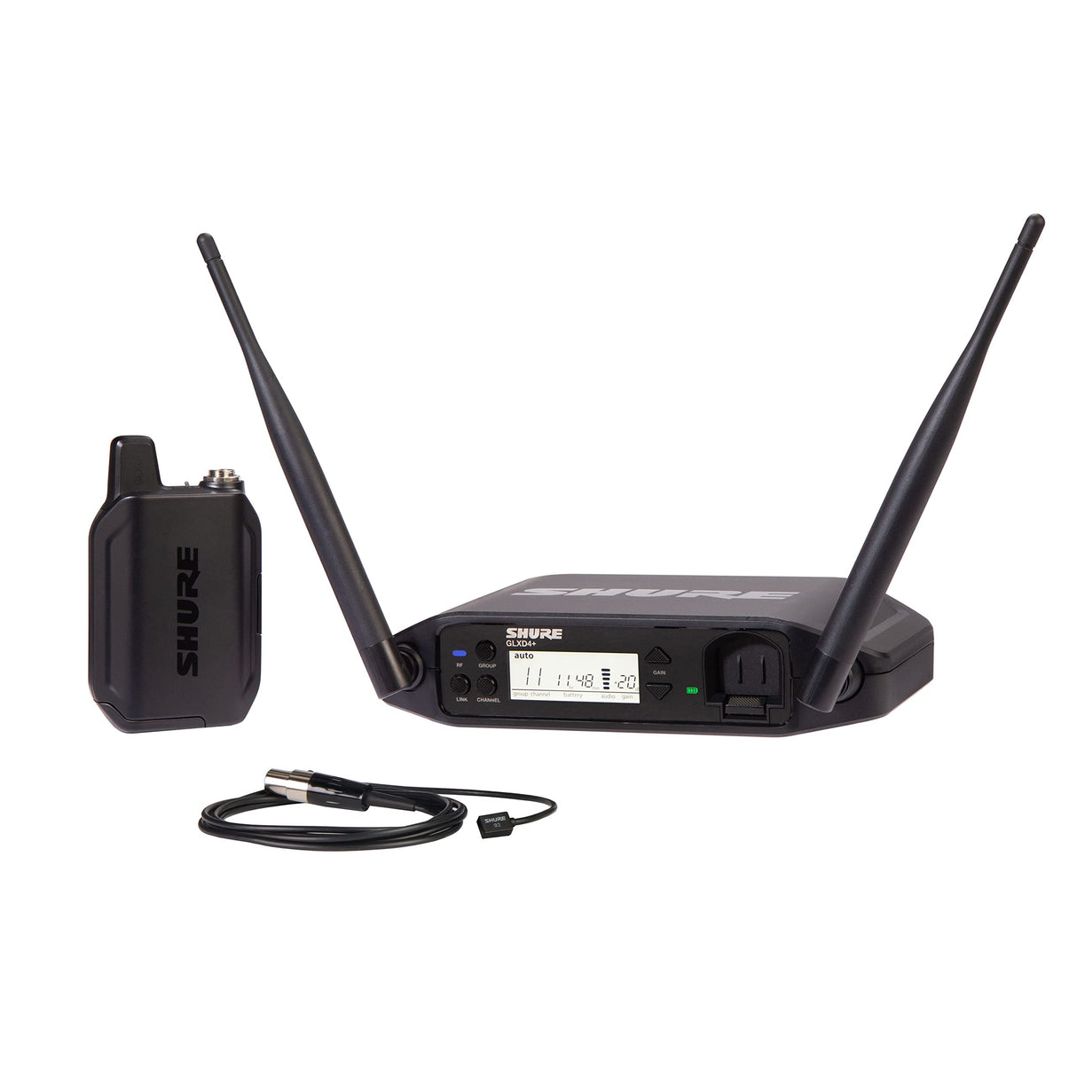 Micrófono inalámbrico Shure GLXD14+/93 con micrófono de Solapa WL93 y Receptor de Canal único para entrevistas, presentaciones y Teatro. Batería de 12 Horas y Alcance de 30m.