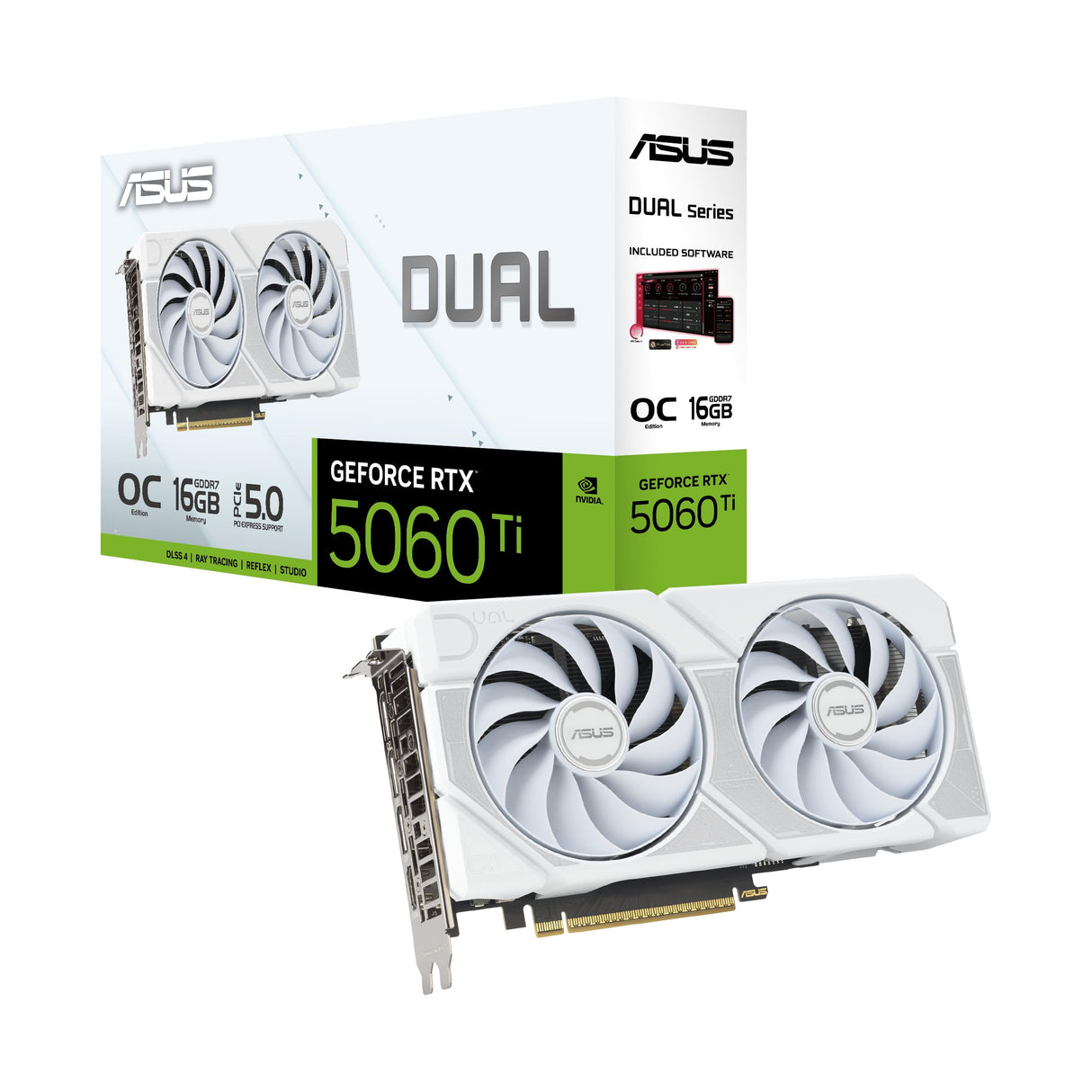 ASUS Dual NVIDIA GeForce RTX 5060 Ti 16GB GDDR7 OC White Edition - Tarjeta gráfica (PCIe 5.0, DLSS 4, HDMI 2.1b, DisplayPort 2.1b, 2.5-Slot, Ventiladores axiales, Tecnología 0dB, Dual BIOS)