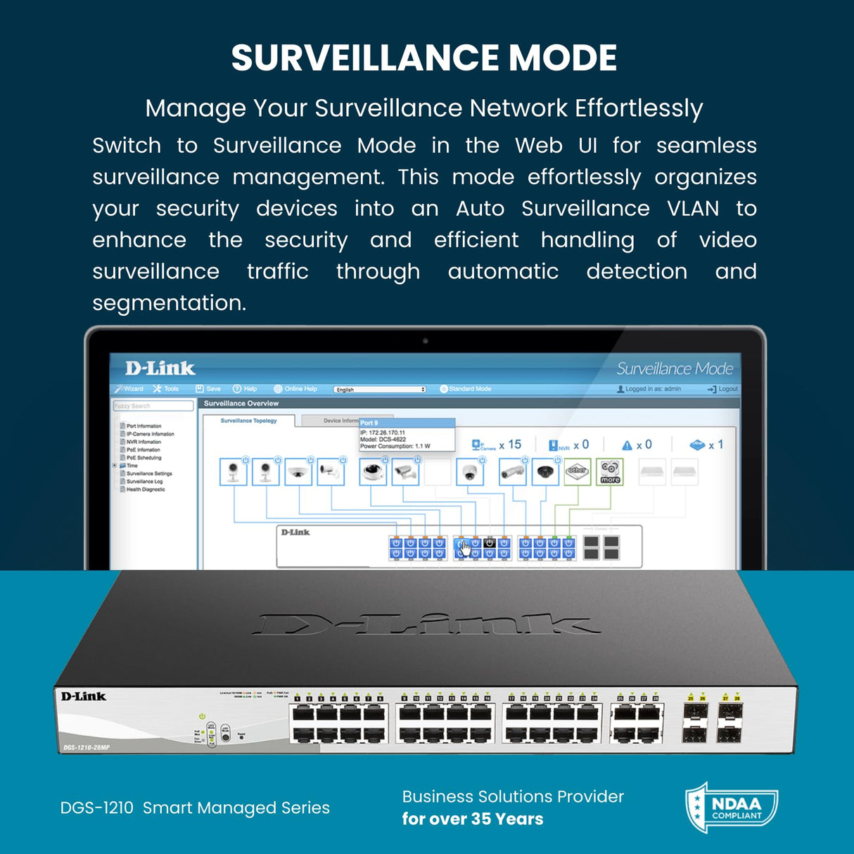 D-Link DGS-1210-52MP - Switch PoE 52 Puertos Gigabit y 4 Puertos SFP Combo (48 x PoE máx. 30 W por Puerto hasta un Total 370 W máx., Altura 1U, VLAN automática para Video vigilancia y telefonía IP)