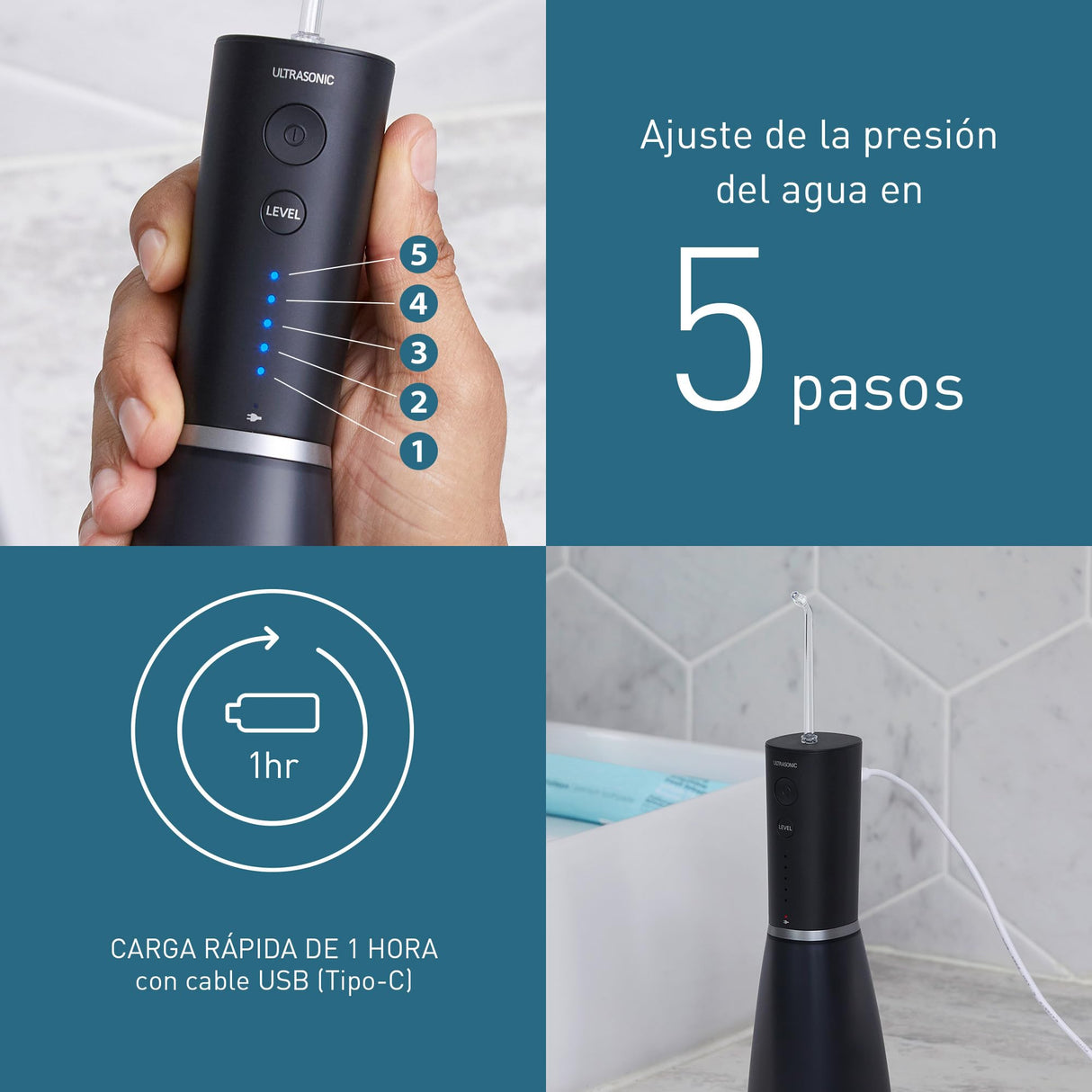 Panasonic Series 800 Irrigador Bucal Ultrasónico EW-DJ86-K503, Irrigador Dental, 200 ml, 1 Boquilla Ultrasónica y 1 Boquilla de Ortodoncia, 5 Ajustes de Presión, Accesorio De Viaje, USB-C, Negro