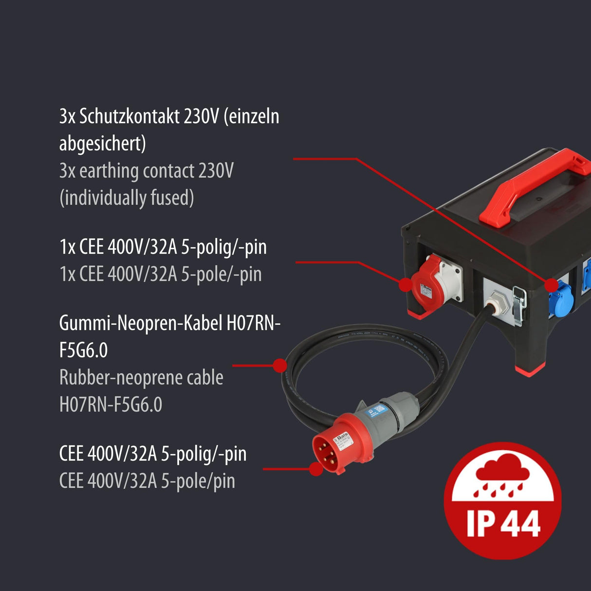 Brennenstuhl Distribuidor de flujo de goma profesional BSV 5 / distribuidor de corriente CEE Enchufe 32A (cable de 2 m H07RN-F 5G6.0, 1xCEE 400V/32A, 2xCEE 400V/16A, 6 contactos a tierra 230 V,
