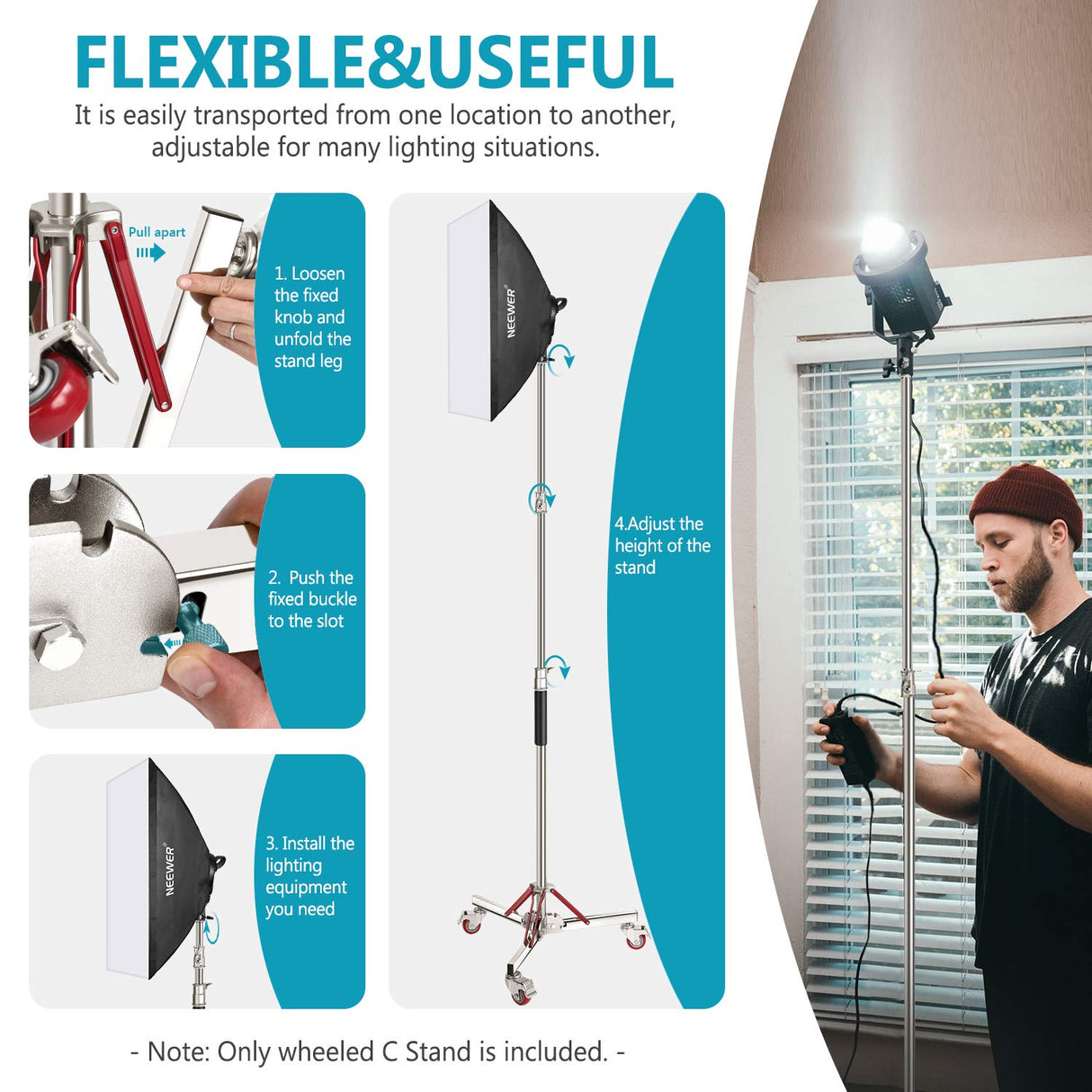 NEEWER Soporte de Luz de Servicio Pesado con Ruedas Soporte de Trípode Ajustable con 100% Acero Inoxidable Soporte de Base con Ruedas Compatible con Fotografía Softbox de Estudio Altura Máx: 305 cm