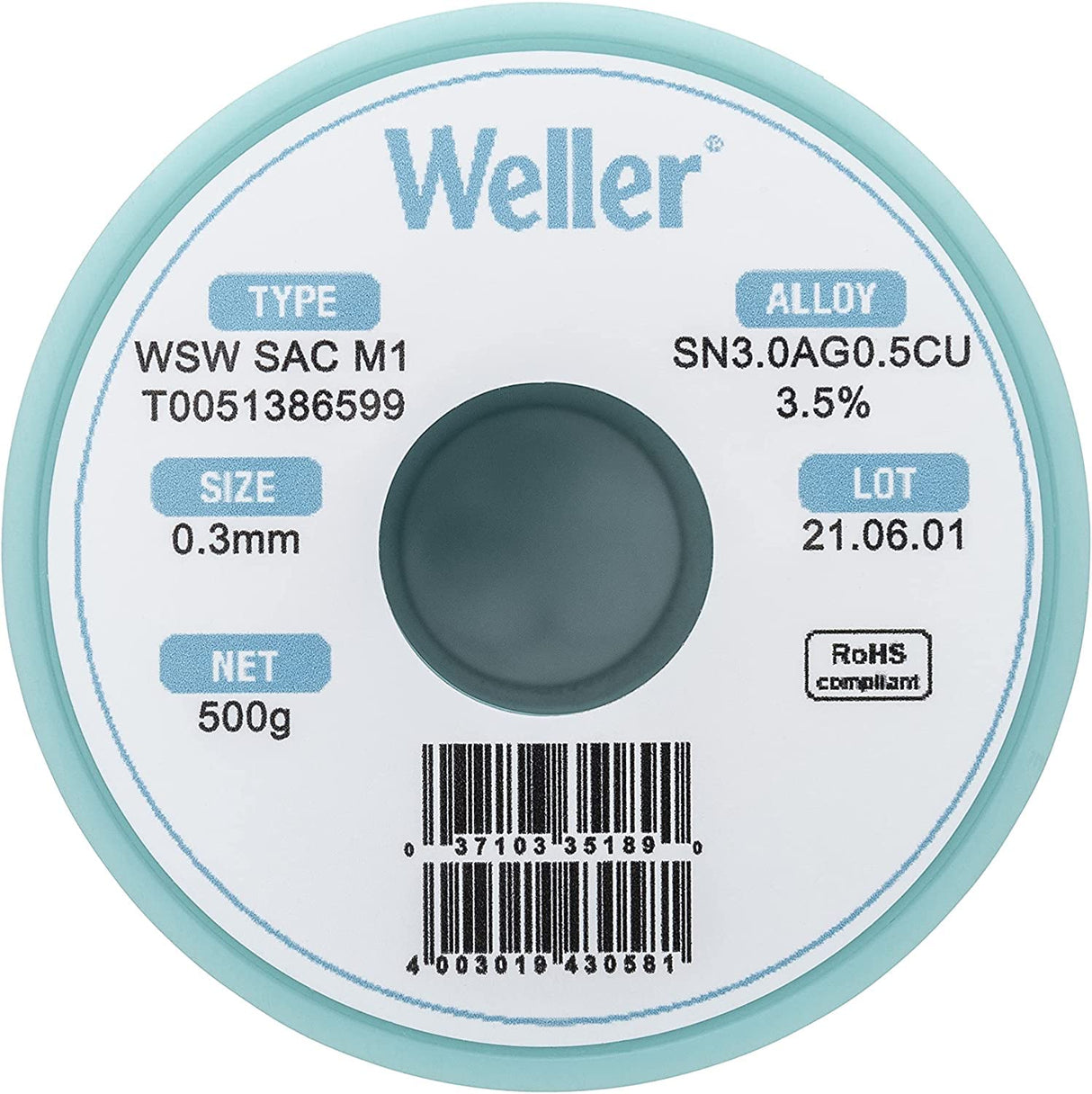 Weller WSW SAC M1 (T0051386599) Alambre De Soldadura Sin Plomo, Ø 0,3 Mm, Aleación Sn96.5Ag3.0Cu0.5, Contenido De Fundente 3.5%, 500g