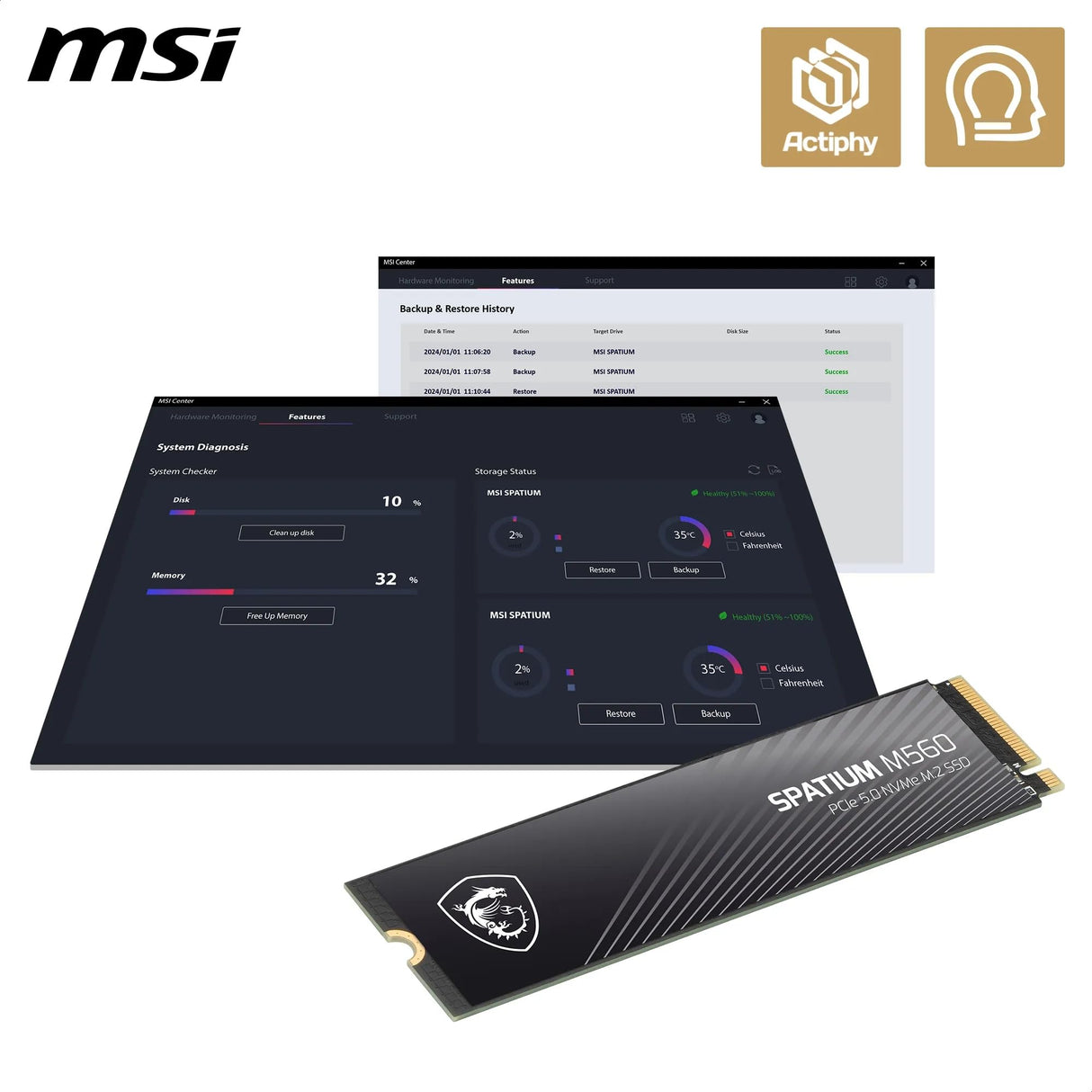 MSI Spatium M560 SSD 1TB PCIe 5.0 NVMe M.2 Unidad de Estado sólido Interna, 10.200MB/s Read & 8.400MB/s Write, 3D NAND, Built-In Data Security, Center