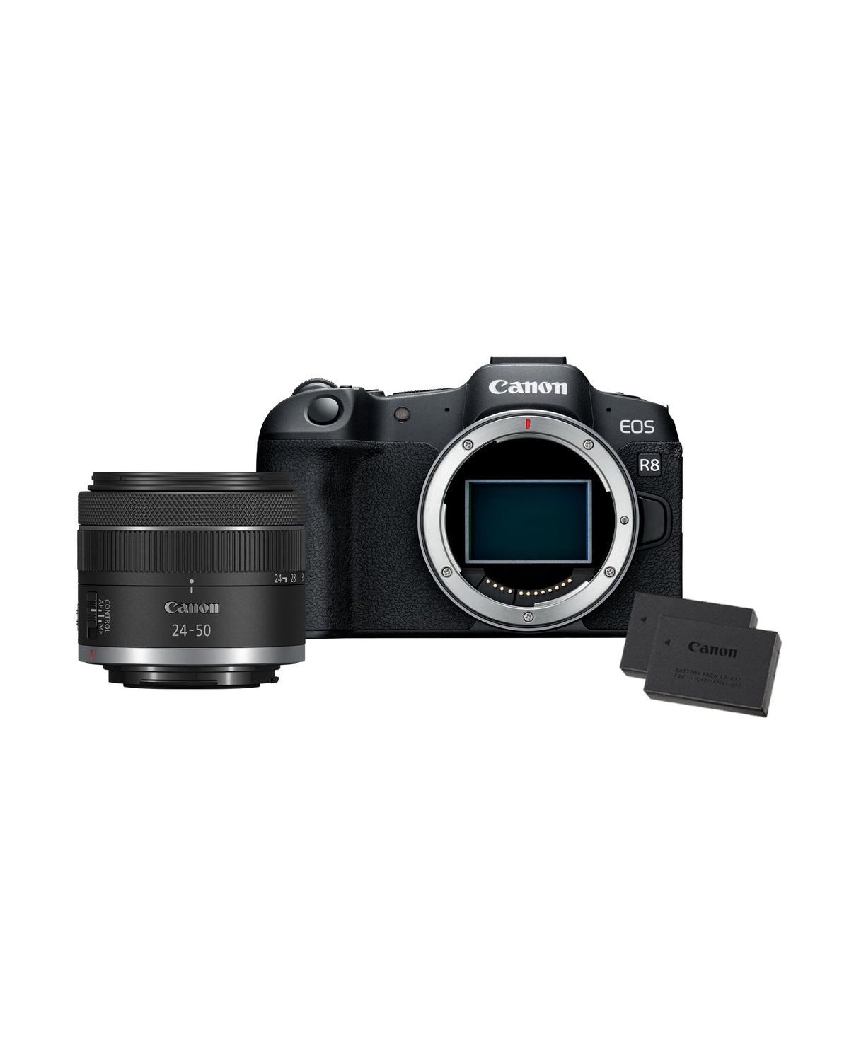 CANON EOS R8 Cámara Mirrorless + Objetivo RF 24-50 mm F4.5-6.3 IS STM + 2X Baterías (Kit de Batería Adicional), Cámara Evil Full Frame (24,2 MP) -6.5 EV, Vídeo 4K 60 fps, Dual Pixel CMOS AF II, Negro