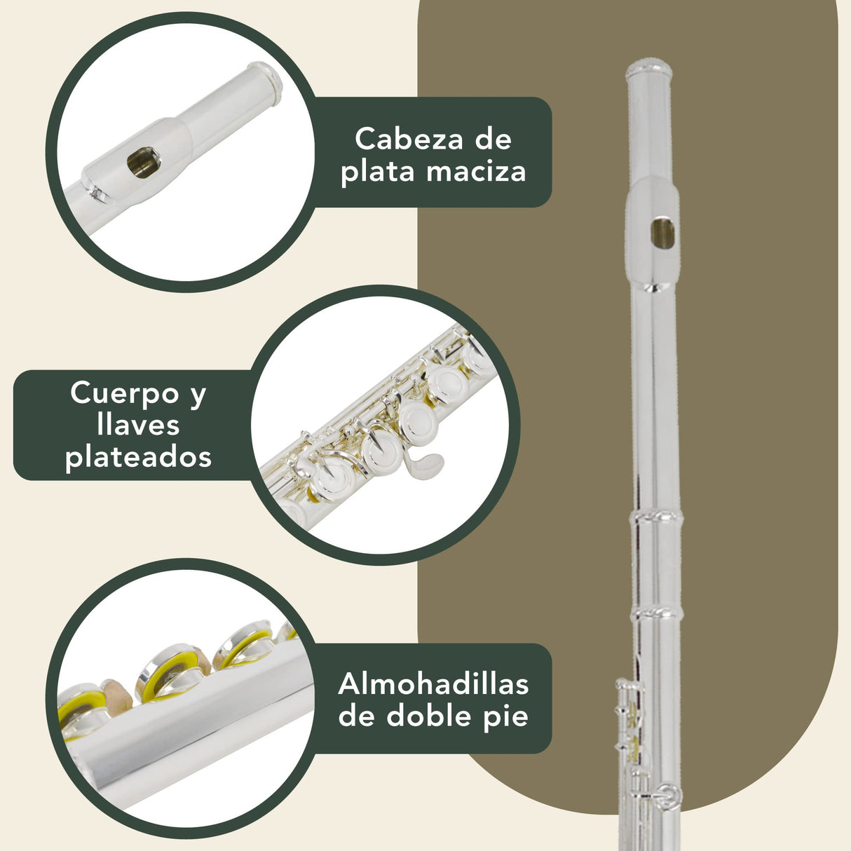 Montreux Concert Series Intermediate Advanced Flauta Con Placa Labial De La Articulación De La Cabeza De Plata Sólida,Premium Y Bolsa De Transporte - Cuerpo Plateado, Offset G, Mecanismo Dividido,PieC
