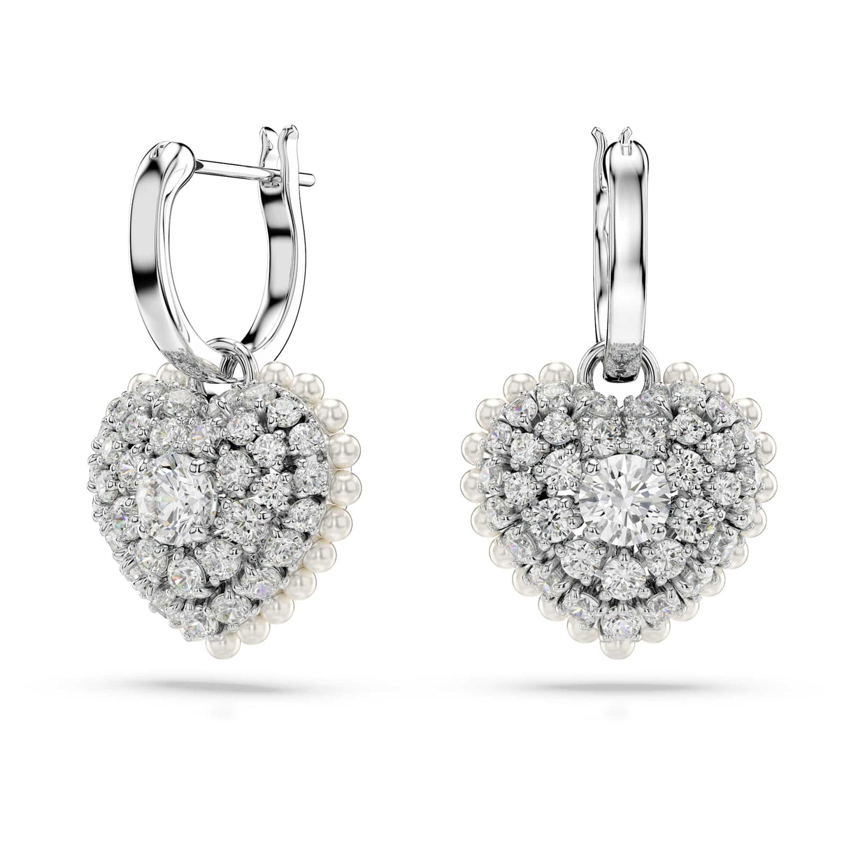 Swarovski Pendientes Idyllia, Perla de cristal, Corazón, Blancos, Baño de rodio