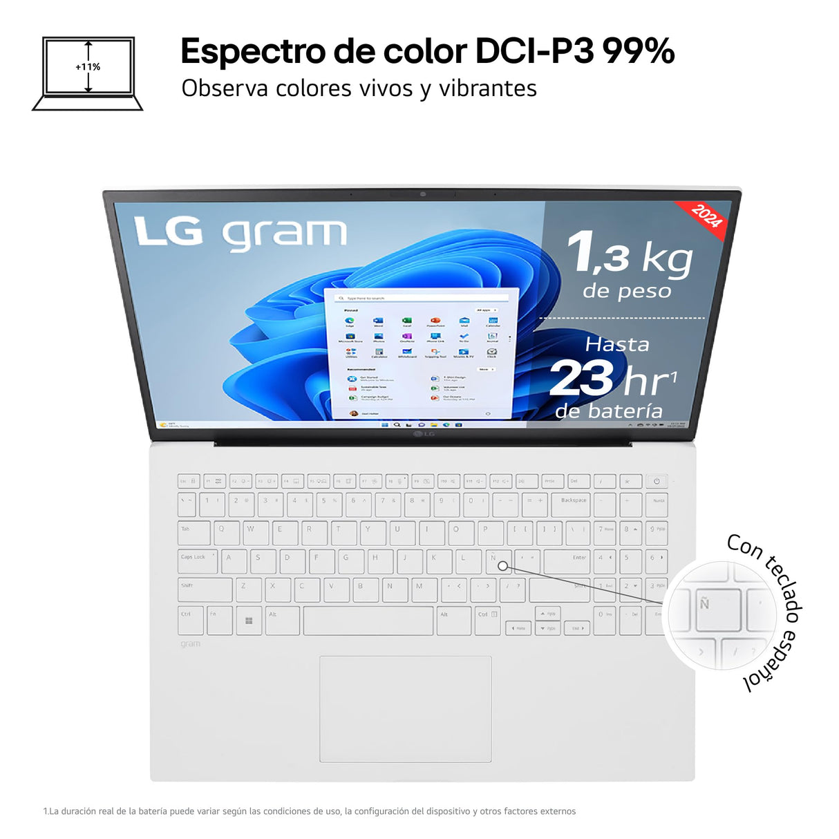 LG gram 15Z90S-G.AD87B - Portátil Ultraligero de 39.6 cm (15.6"), Panel IPS, Intel Core Ultra 7, 32 GB RAM, 1TB SSD, 1290 g, batería hasta 23 h, W11 Home, Blanco, Teclado QWERTY Español