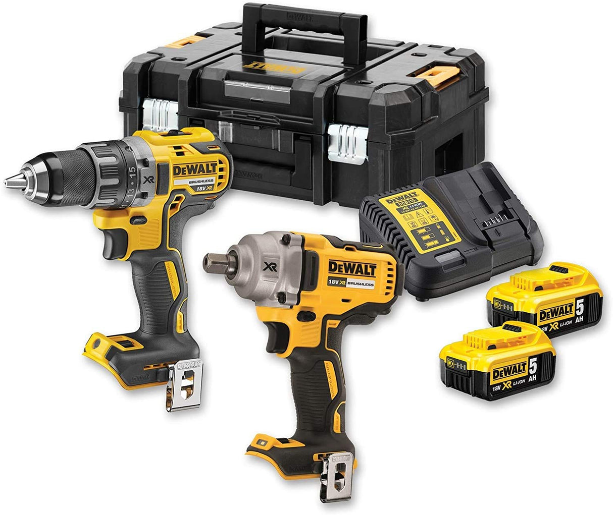 DEWALT DCK2077P2T - Juego de Taladro-Destornillador (DCD791), Llave Impacto (DCF894), Batería de litio de 18 V (2 baterías de 5 Ah) y Maletín TSTAK II