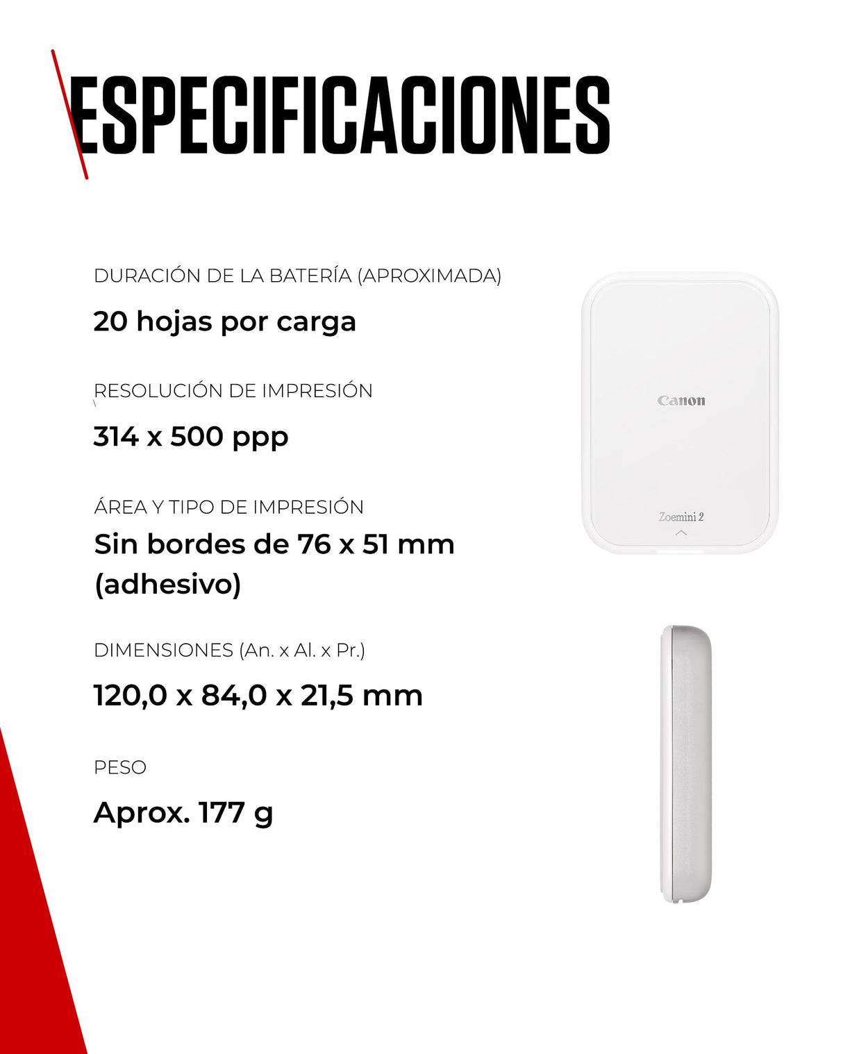 Canon Zoemini 2, Impresora Fotográfica Instantánea y compacta (para Smartphones), Impresión Zink sin Tinta sobre Papel Térmico (50x76 mm), Bluetooth 5.0, Carga USB-C, Blanco