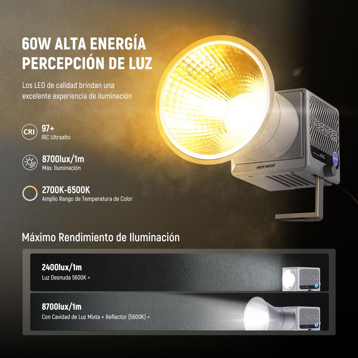 NEEWER 60W Luz Video LED RGB Portátil Luz Relleno de Mano, App/2.4G/Control Panel 18 Escenas 8700Lux/1m 2700-6500K CRI97+ Iluminación Continua COB Regulable para Transmisión Grabación Video, HS60C