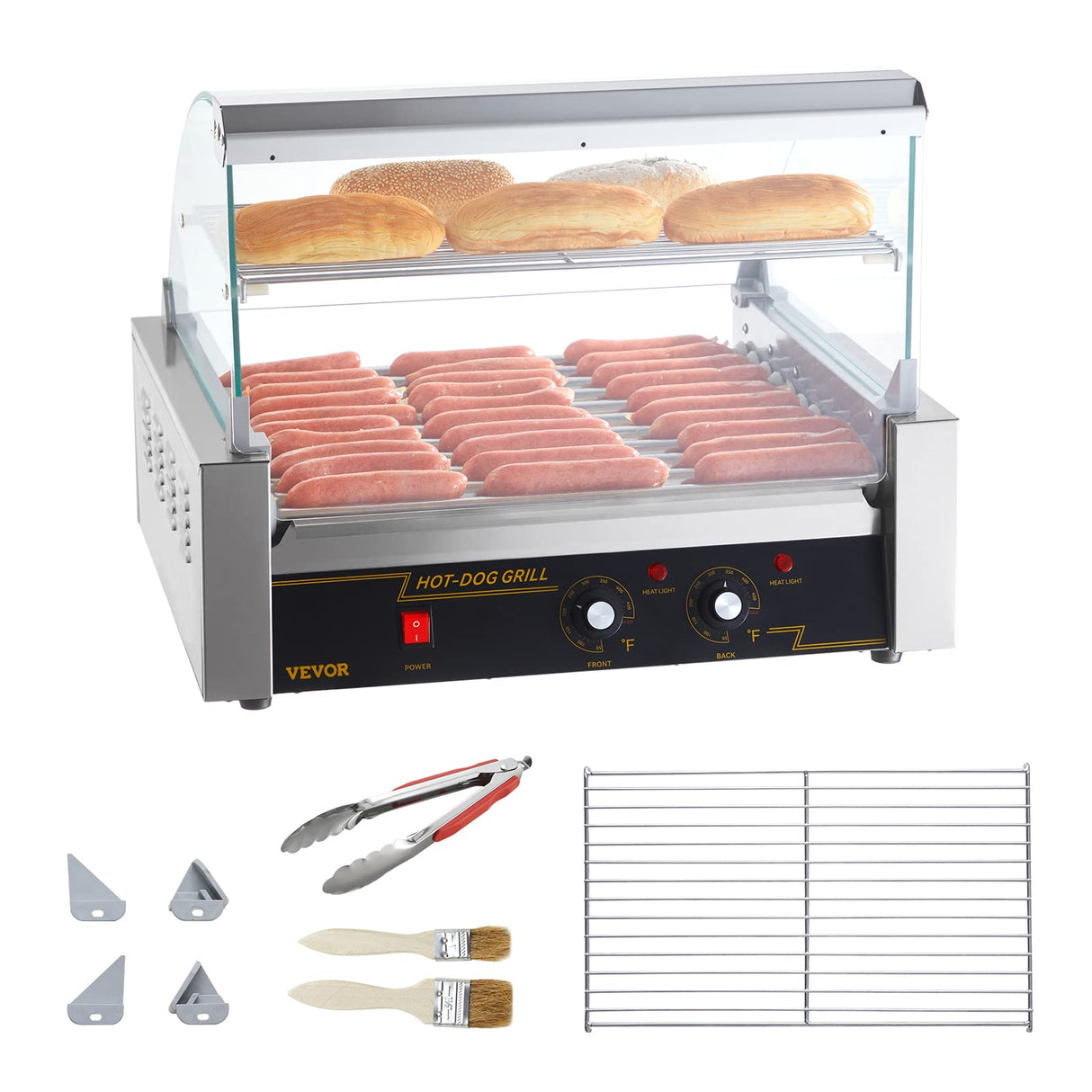 VEVOR Máquina de Rodillos para Perros Calientes de 56,2 x 47,5 x 44,2 cm con una Parrilla de Acero Inoxidable de Calidad Comercial, 50 °C-250 °C, 2,2 kW, para Puestos de Comida, Fiestas y Barbacoas