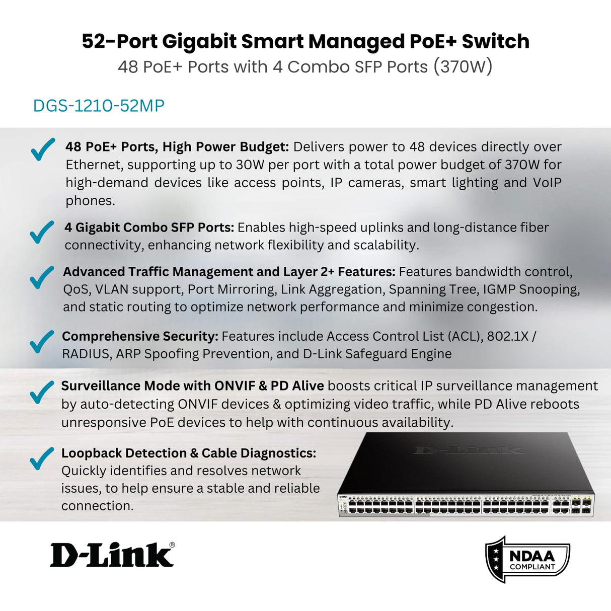 D-Link DGS-1210-52MP - Switch PoE 52 Puertos Gigabit y 4 Puertos SFP Combo (48 x PoE máx. 30 W por Puerto hasta un Total 370 W máx., Altura 1U, VLAN automática para Video vigilancia y telefonía IP)