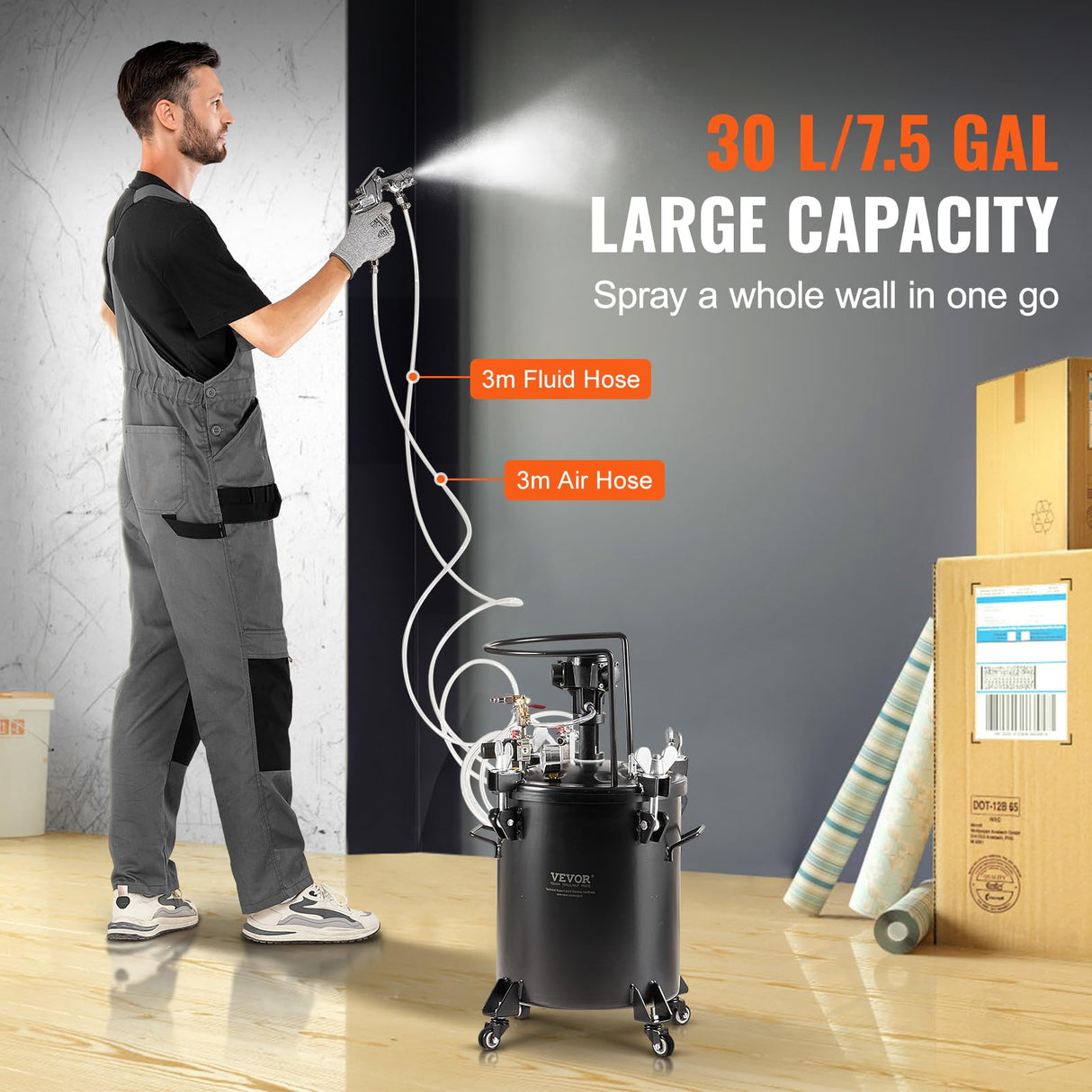 VEVOR Tanque a Presión para Pintura en Aerosol de Agitación Automática de 30 L Presión Ajustable de 70 PSI, Tanque de Pintura a Presión con Pistola Rociadora y Mangueras para la Decoración del Hogar