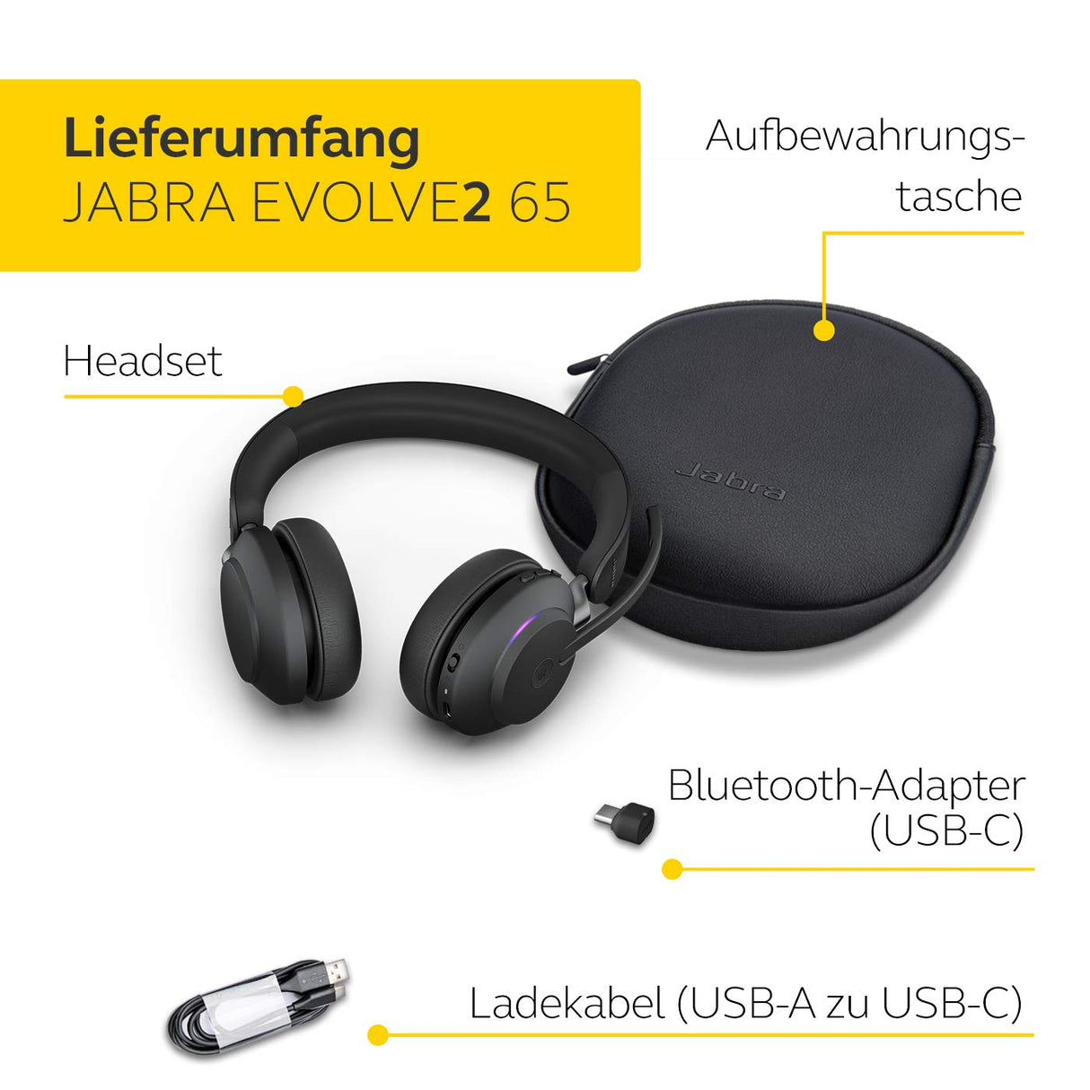 Jabra Evolve2 65 Auriculares Inalámbricos Estéreo PC con Cancelación de Ruido - Certificados para Microsoft Teams - Batería de Larga Duración - Adaptador Bluetooth USB-C - Negro