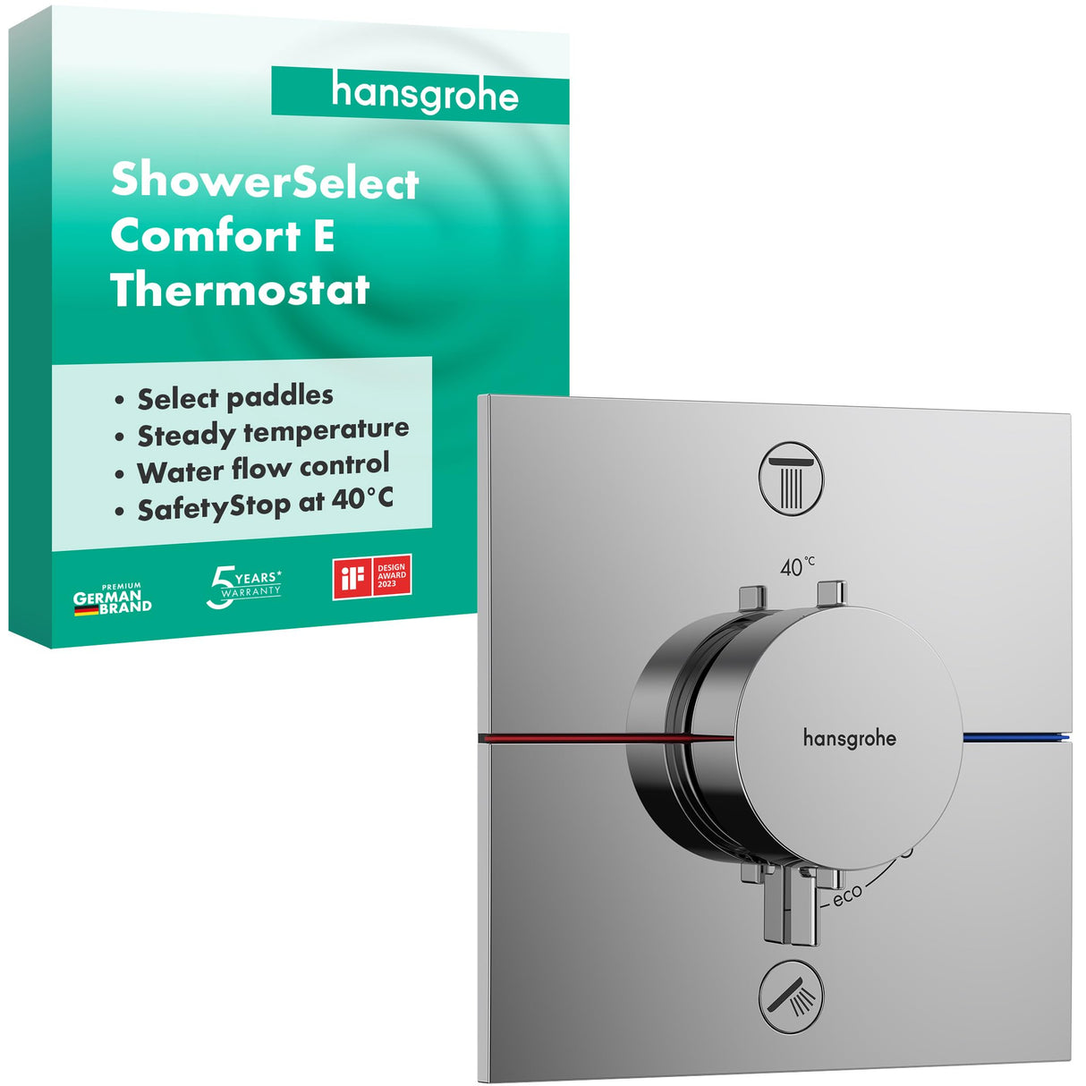 hansgrohe ShowerSelect Comfort E, termostato empotrado , grifo con botón de seguridad (SafetyStop) a 40 °C, termostato rectangular para ducha y bañera, mezclador para 2 funciones, cromo