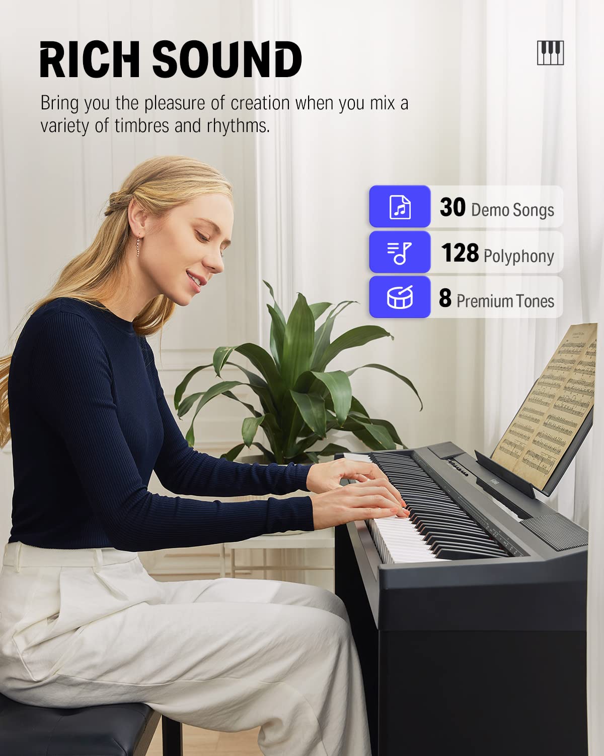 Donner Piano Eléctrico Digital 88 Teclas, Mitad Contrapesadas Teclas, Teclado Musical Adecuado para Principiantes con Soporte de Piano Desmontable y Pedal Triple, DEP-10S, Retro, Negro