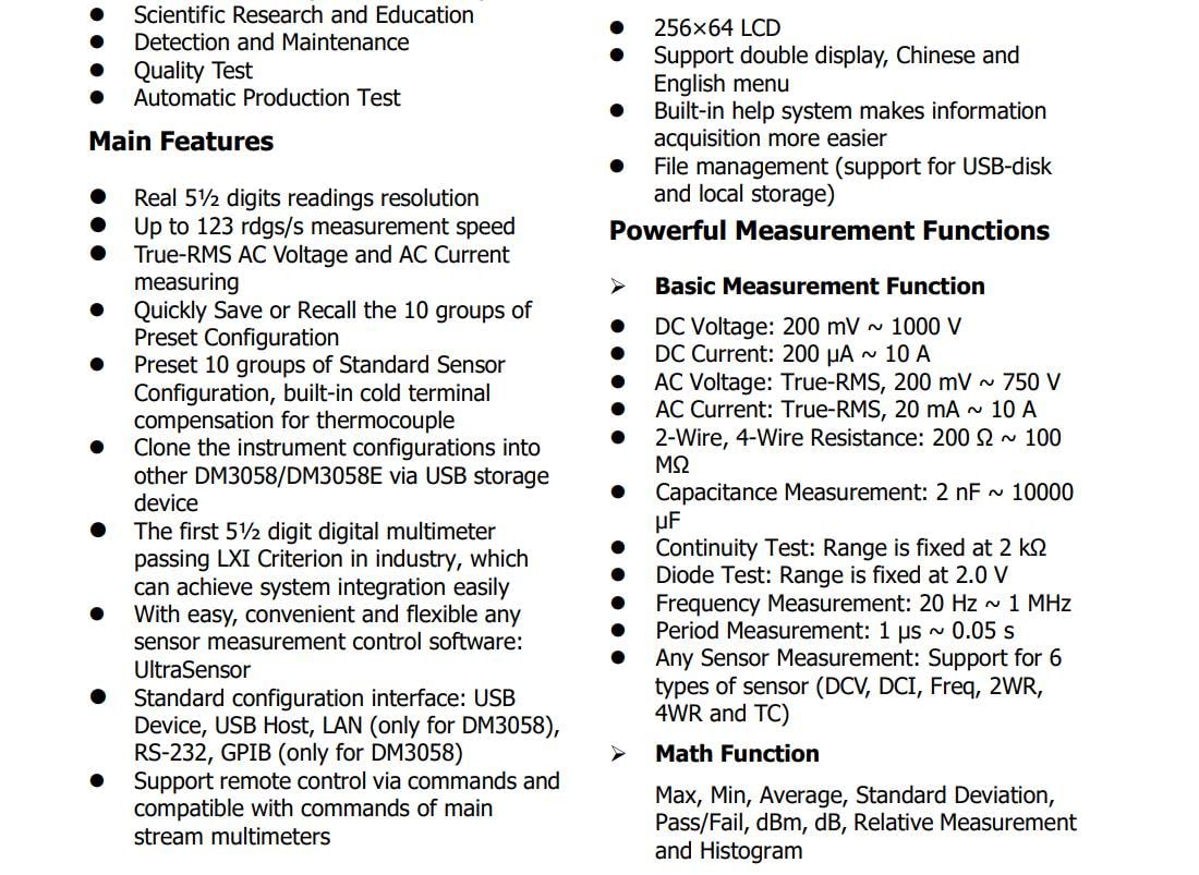 RIGOL DM3058E Multímetro digital,TRMS de 5½ dígitos,precisión DCV del 0,015%,velocidad de lectura de 123 rdgs/s,memoria de 2000 puntos, pantalla monocromática (256 x 64 píxeles), garantía de 3 años.