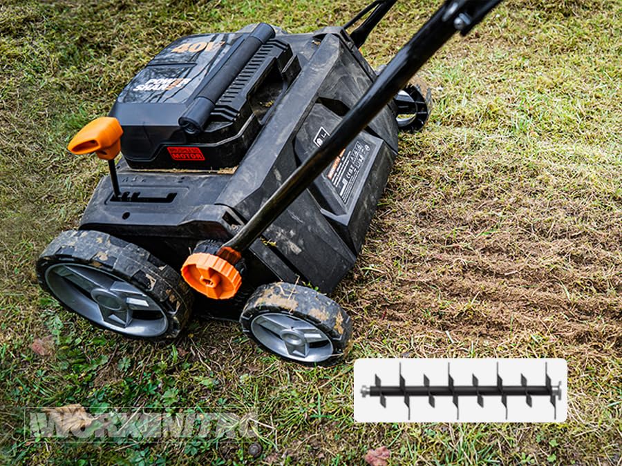 WORX Nitro WG855E.9 - Escarificador de batería y aireador de césped (hasta 400 ㎡, Ancho de Trabajo de 36 cm, Motor sin escobillas, 4 Niveles de Ajuste de Altura, Incluye Bolsa de Hierba de 40 L, sin