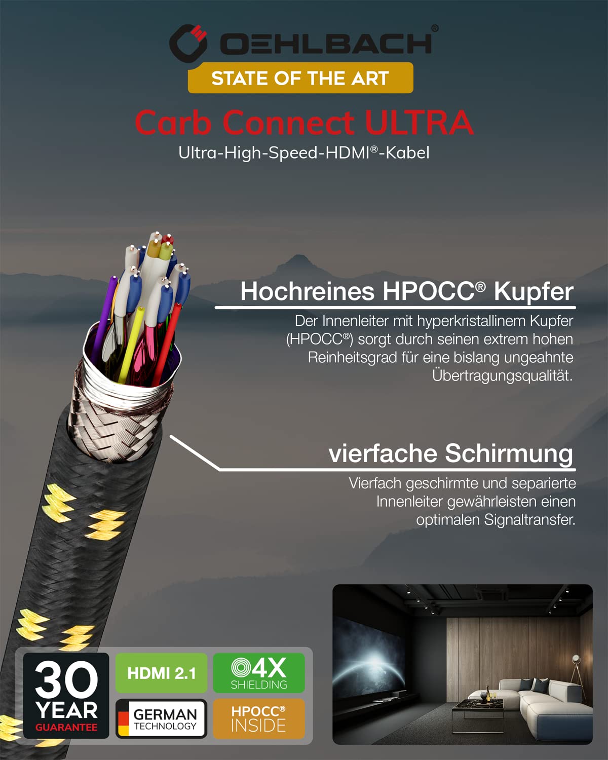 OEHLBACH Carb Connect Ultra High Speed HDMI 2.1 Cable - 48 Gbps, 8 K/60Hz, 4K/120Hz, cobre monocristalino HPOCC®, contactos chapados en oro de 24 quilates, blindaje de 4 vías, conector de metal,