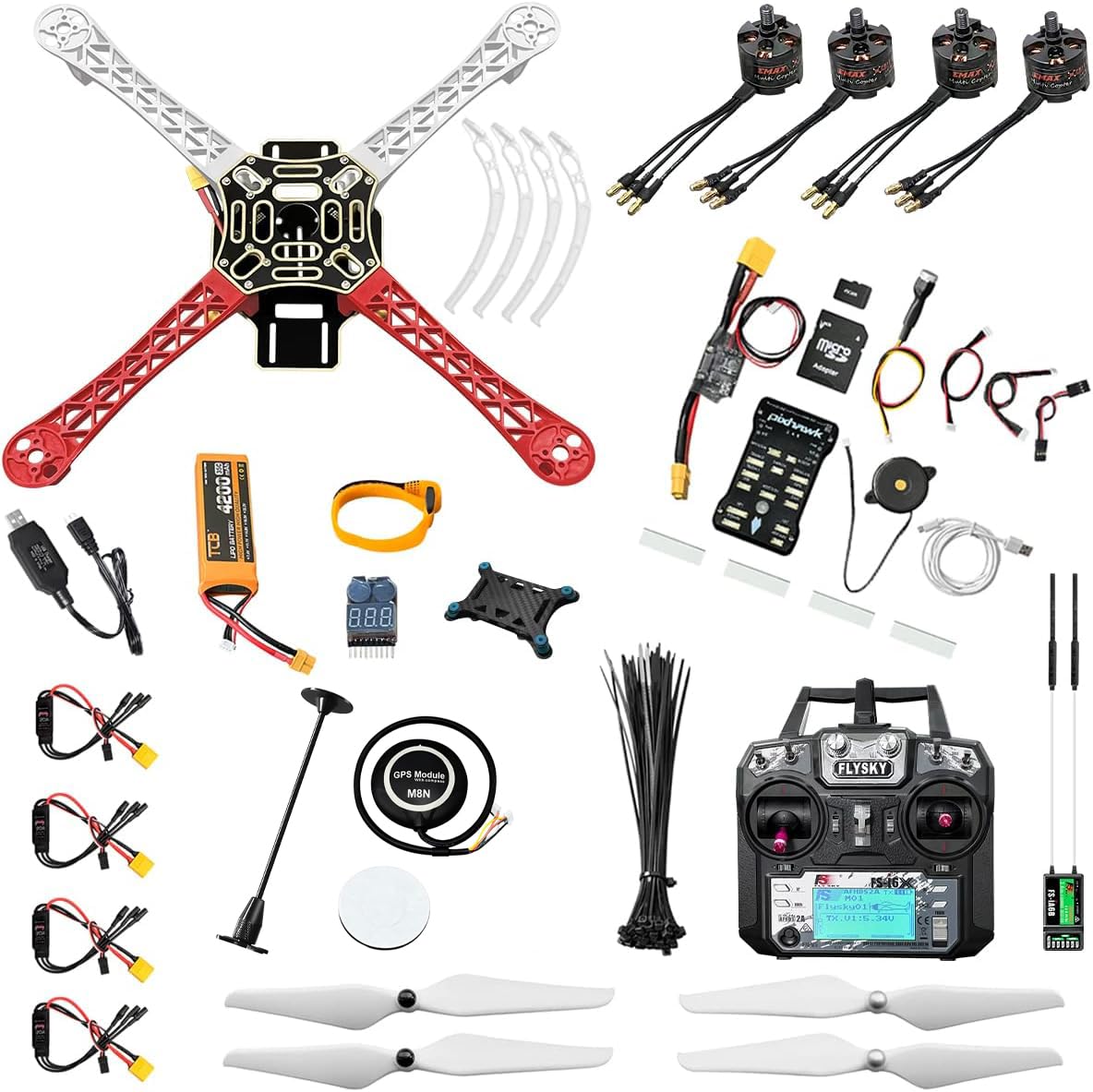 HAWK'S WORK F450 Drone Kit para construir, Marco + Pixhawk + GPS + Mรณdulo de alimentaciรณn + ESC + Motor sin escobillas + Hรฉlice + Baterรญa + Transmisor y Receptor RC + Accesorio (Conjunto A)