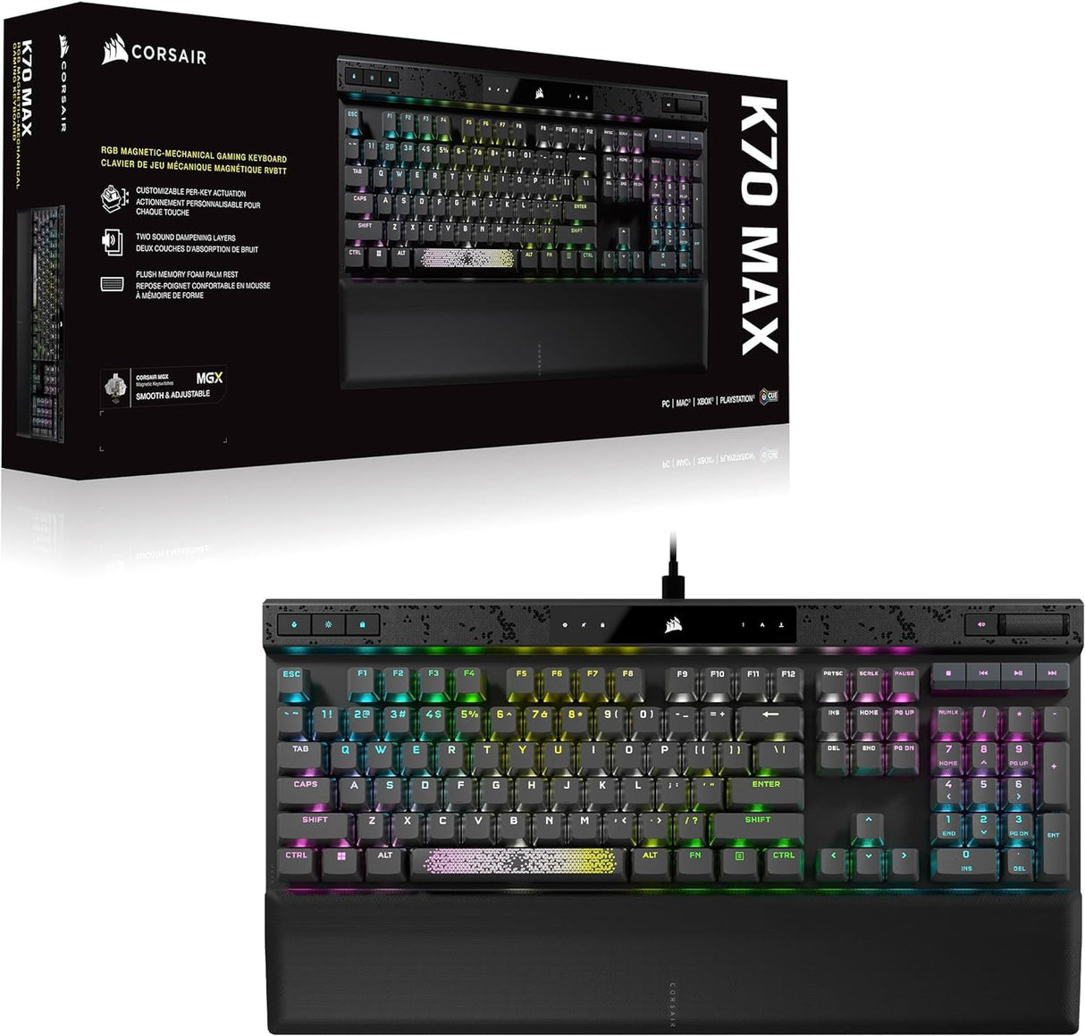 CORSAIR K70 MAX RGB Magnetic Teclado de juego mecánico con cable – MGX interruptores ajustables – PBT Double -Shot Keycaps – Rapid Trigger Mode – Compatible con iCUE – PC, PS5, PS4, Xbox – AZERTY FR –