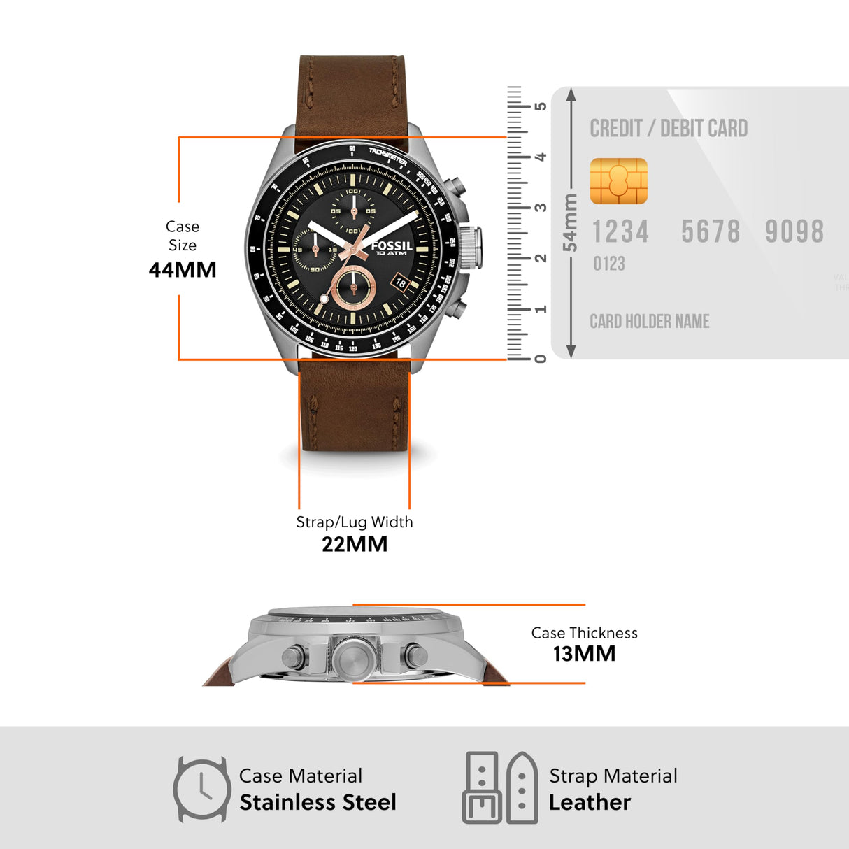 Fossil Reloj para Hombre Decker, movimiento Cronógrafo Cuarzo, 44mm Plata / Acero Caja de acero con correa de piel, CH2885