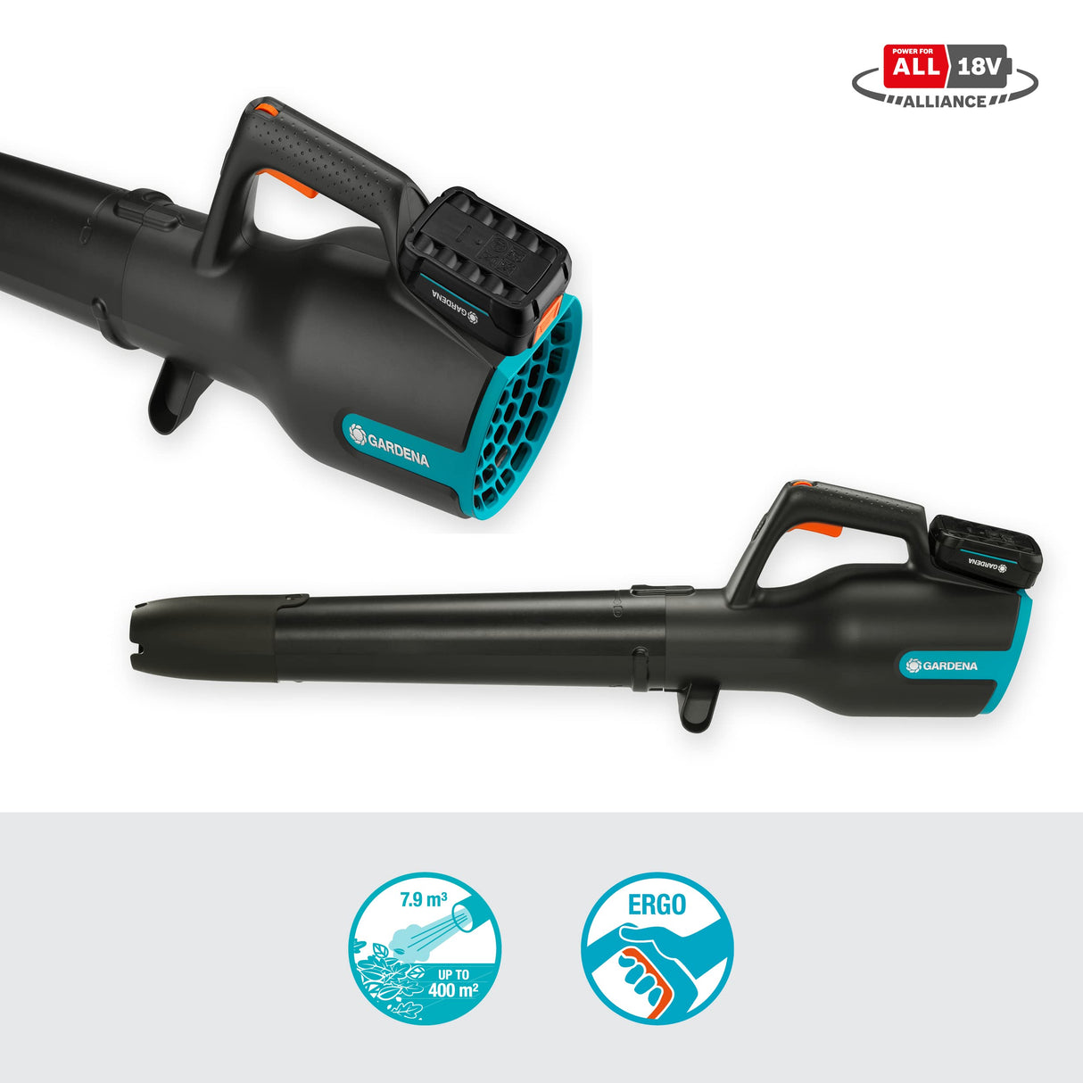 Gardena Set Ready-To-Use de PowerJet 18V P4A: potente soplador inalámbrico para una limpieza rápida y eficaz en casa y en el jardín, velocidad de soplado de 100 km/h (14890-20)