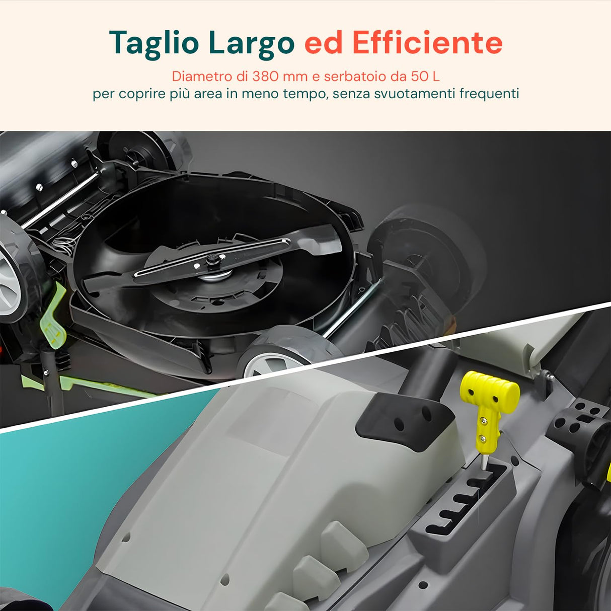 Cortacésped eléctrico de inducción – Cortacésped Ajustable, 5 Alturas de Corte, diámetro de Corte 380 mm, Velocidad 3000 RPM, 1600 W, 230 V, con Cesta de Recogida 50 l, 143 x 105 x 55 cm