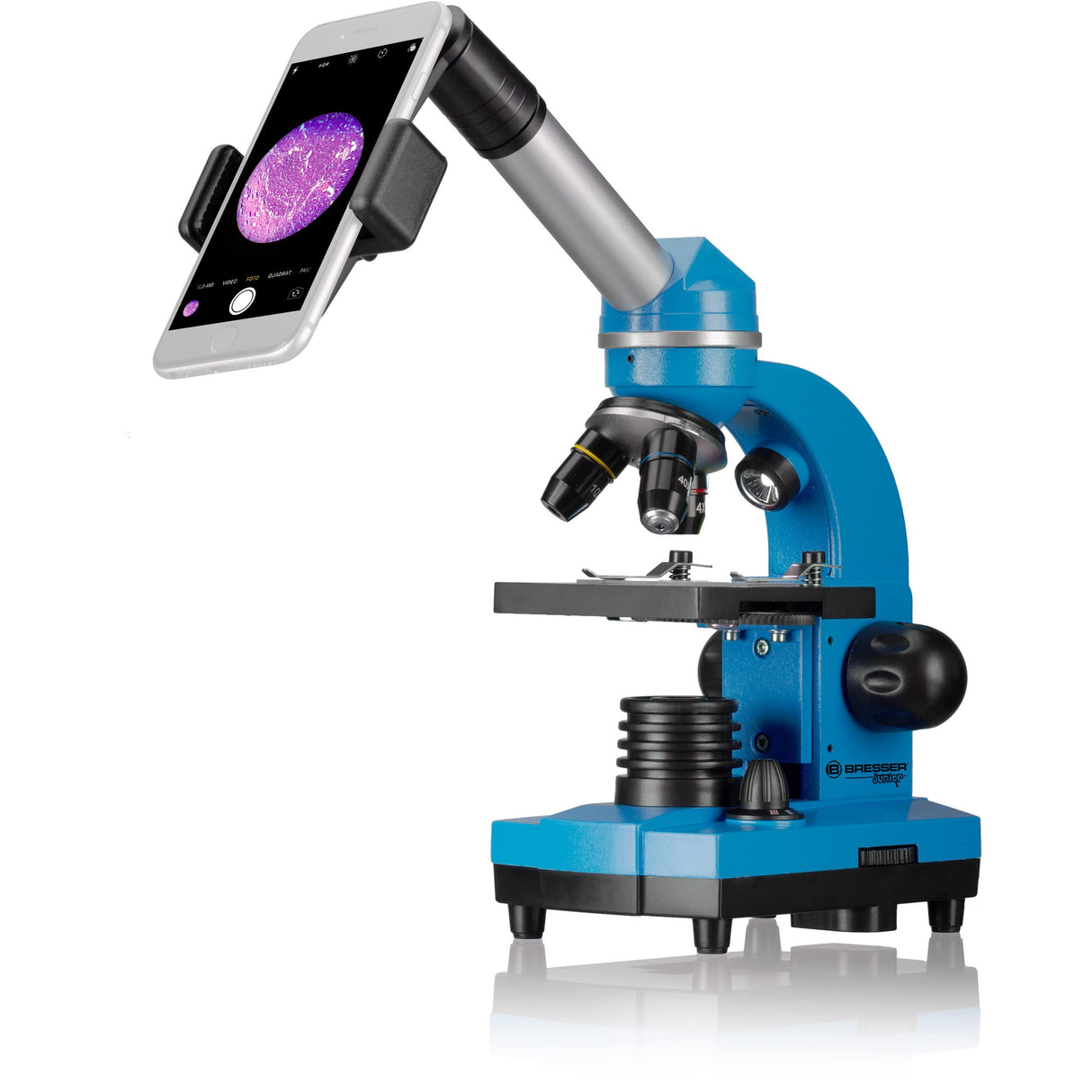 Bresser Microscopio para Estudiantes Biolux Sel con Soporte para Smartphone, Ricos Accesorios y Sistema de Zoom Barlow para niños, Principiantes y Adultos, Color Azul