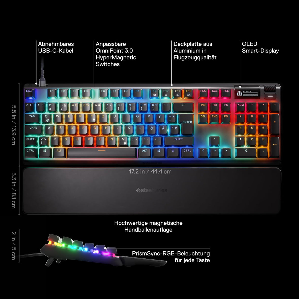 SteelSeries Apex Pro Gen 3 - Teclado Gaming HyperMagnetic - Interruptores OmniPoint 3.0 - Accionamiento Ajustable - Rapid Trigger - Preajustes - Modo protección - Rapid Tap - USB-C - DE Layout QWERTZ
