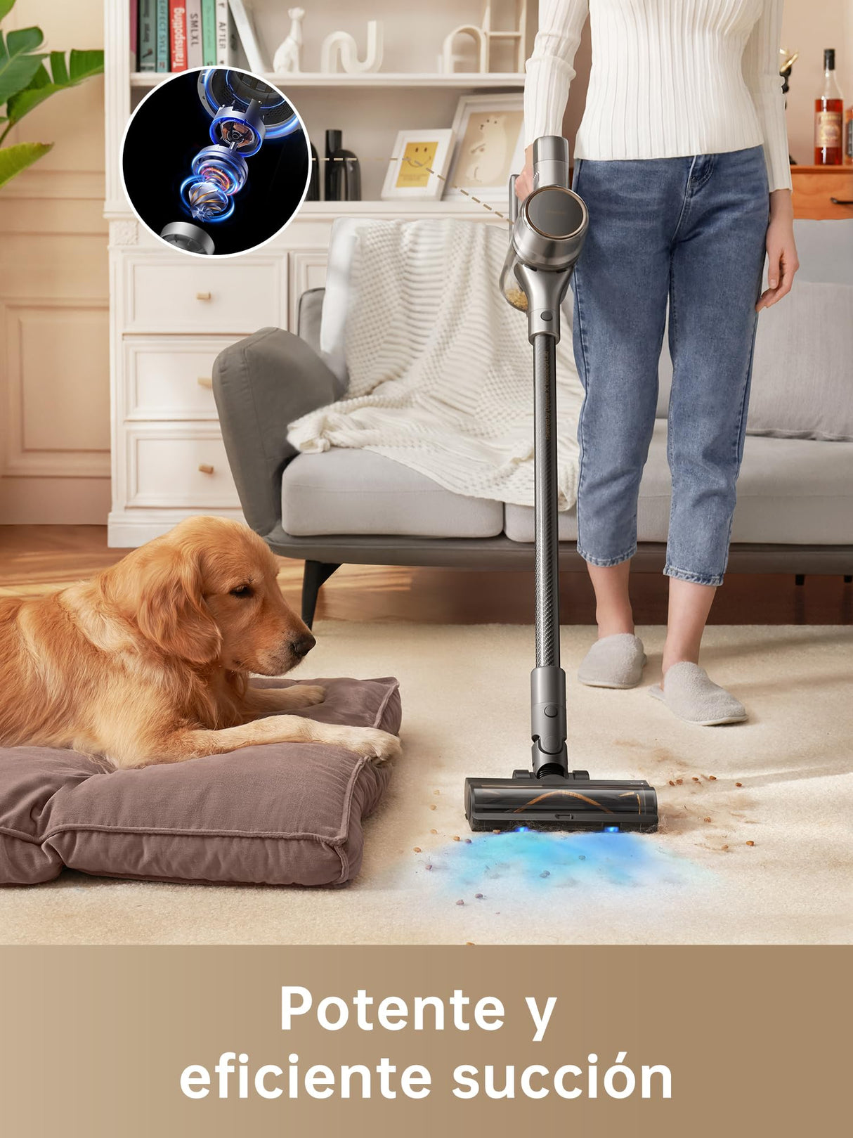 dreame R20 Aspirador inalámbrico, Succión Potente 190 AW, Funcionamiento 90 min, Detección de Suciedad, Pantalla LED, Luces LED Azules, Diseño antienredos, para hogar, Pelo Mascotas, Alfombras