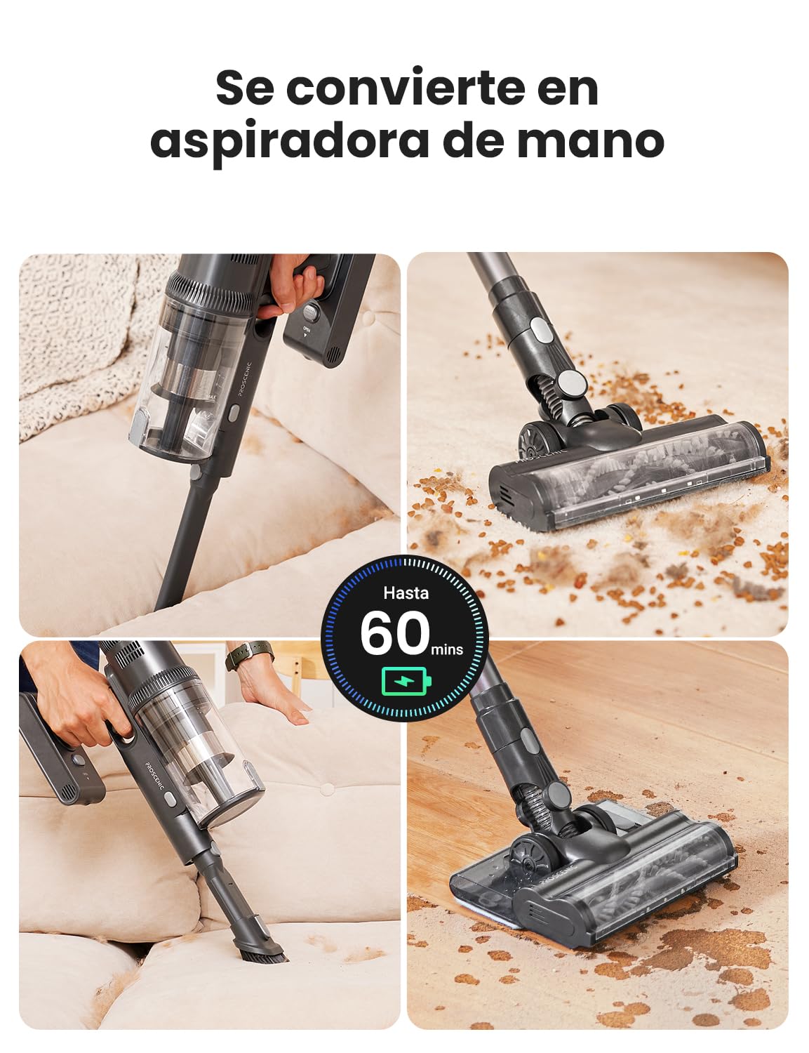 Proscenic P11 Mopping Aspiradora sin Cable y Fregona 2 en 1, 45kPa/550W/60Min Aspiradora Escoba Inalámbrico y Vertical con Batería Antienredos para Alfombras/Suelos Duros/Cortinas/Pelos de Mascotas