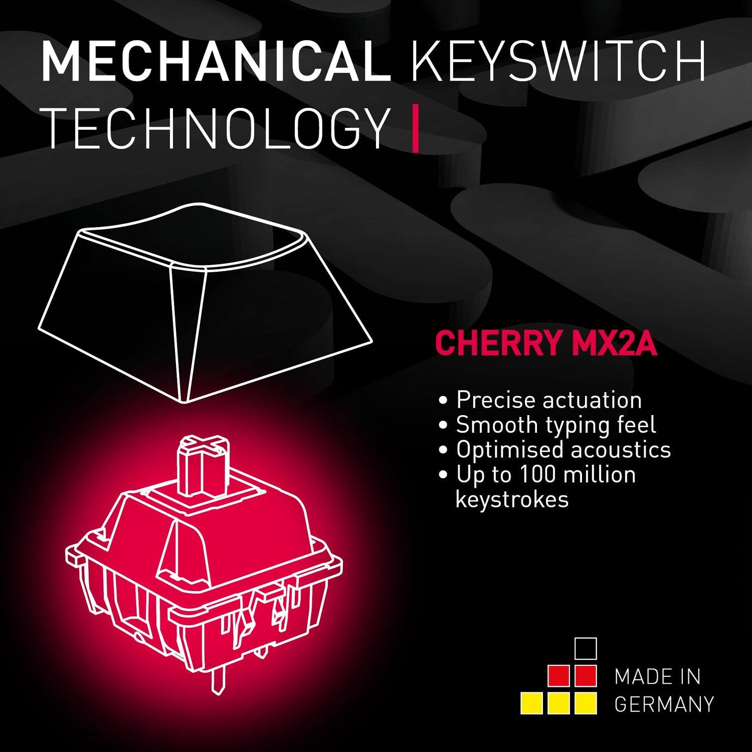 CHERRY MX 2.0S, Teclado Gaming Mecánico con Iluminación RGB, Disposición Alemania (QWERTZ), Con Cable, Diseñado en Alemania, Switches MX2A RED, Negro