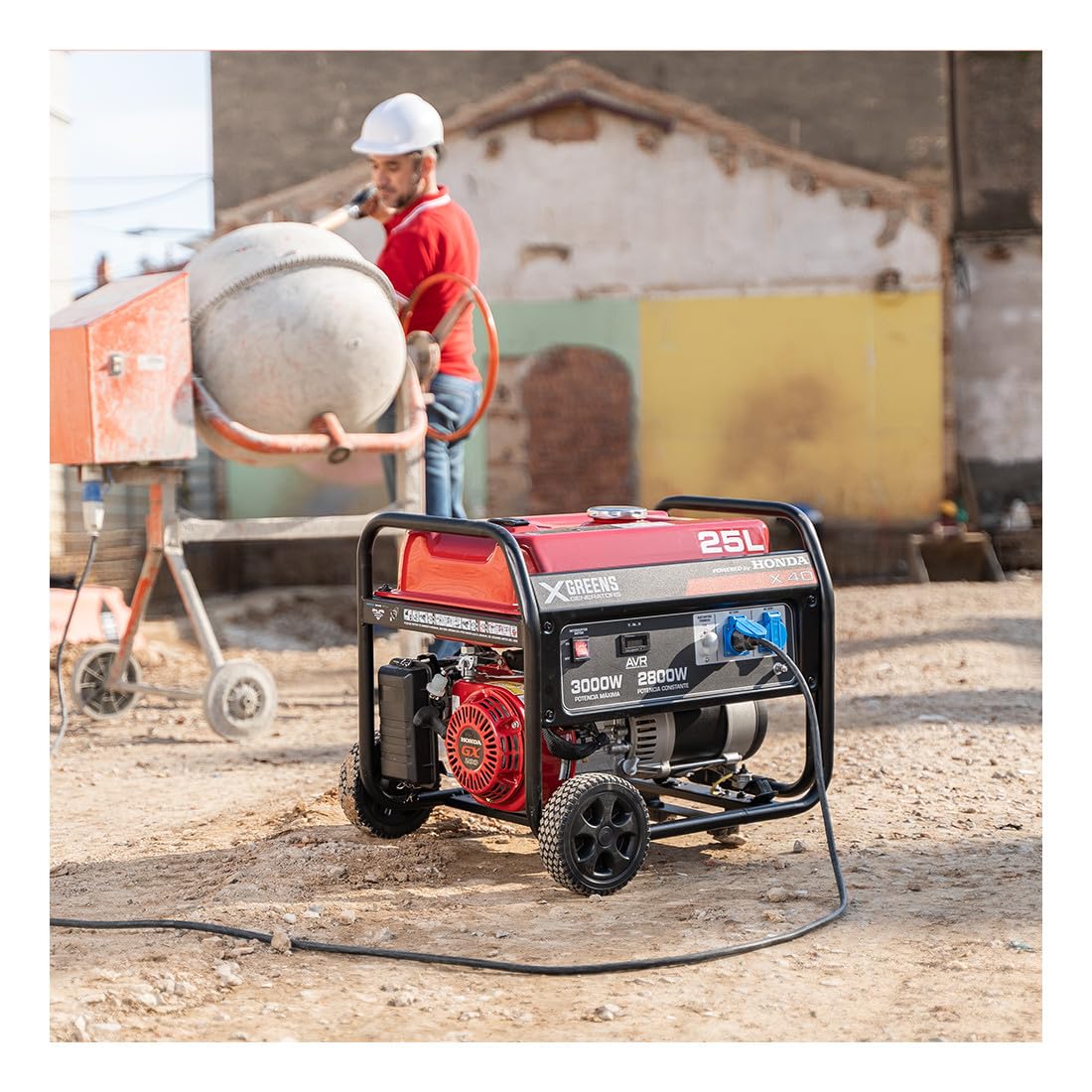 XGREENS Generador de corriente (gasolina) X40 (máx. 3.000W, depósito 25 l, AVR, Powered by Honda, ruedas, alerta aceite, monofásico, 2 tomas 230V, protección térmica y panel digital)