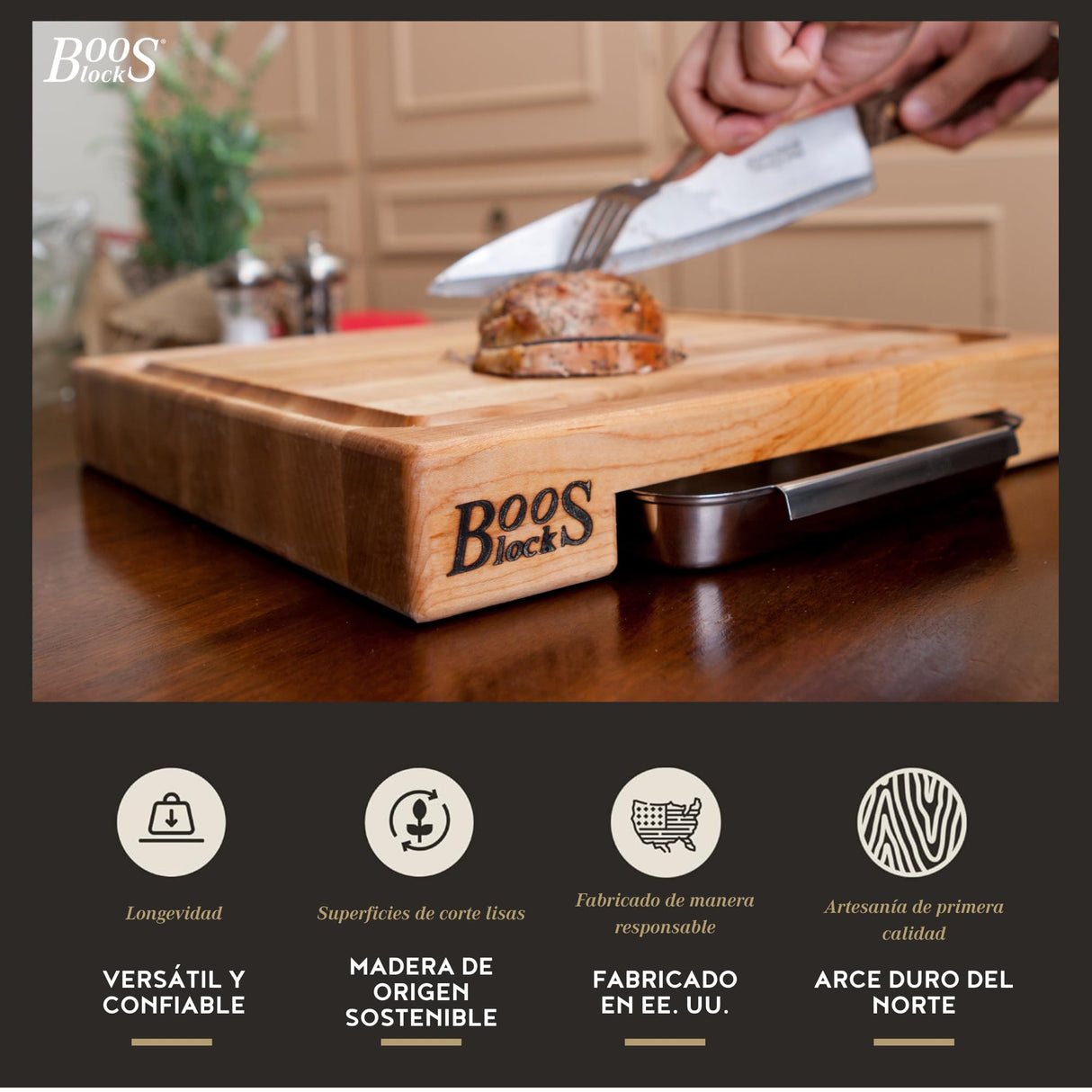 Boos Block Tabla Cortar con Recipientes – Ranura Para Jugo - Tabla Cortar Cocina Profesional - Reversible - Tabla Madera Cocina Grande – Extra Gruesa - 61 x 46 x 5,6 cm
