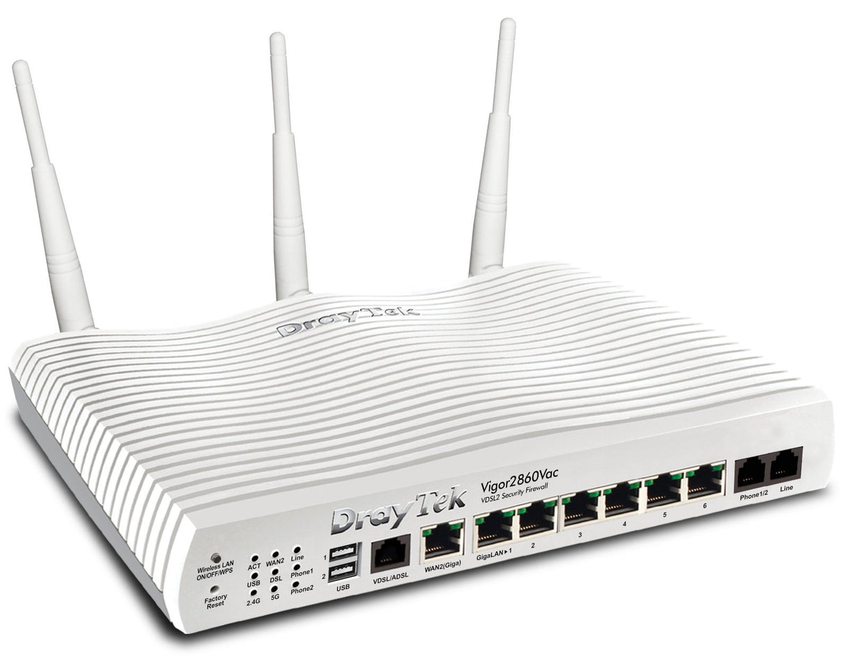 DrayTek Vigor 2860VAC Dual-WAN Router con integr. - VDSL2/ADSL2 Modem als WAN1 (Annex-B) y GigBit Ethernet-WAN2, 6xGigaBit-LAN, 2xUSB, 32xVPN, WiFi Nach 802.11ac(2,4/5GHz),VoIPmit 2xFXS