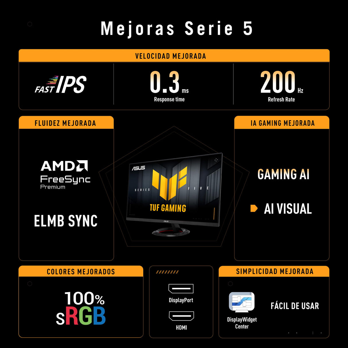 ASUS TUF Gaming VG279Q5R - Monitor de 27", Full HD (1920 x 1080), 200 Hz, Fast IPS, ELMB, 0,3 ms GTG (mín.), Altavoces estéreo, DisplayWidget Center, AI Visual