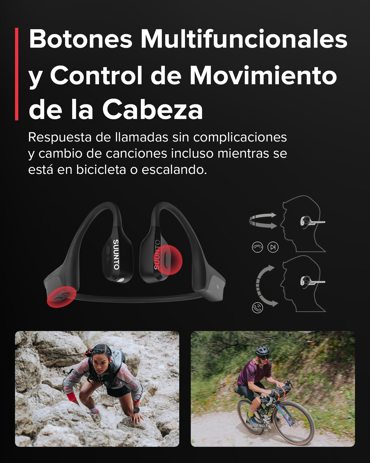 SUUNTO Wing Open-Ear Auriculares Conducción Ósea, Auriculares Deportivos Inalámbricos Bluetooth, Control Movimiento Cabeza, Micrófono HD Incorporado, Resistente al Desgaste IP67, Luces Seguridad