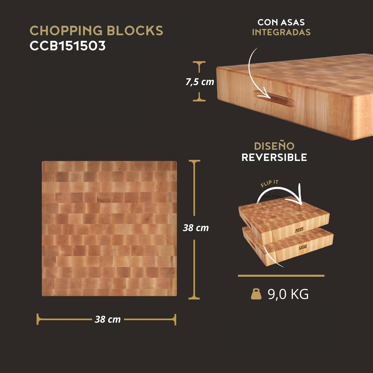 Boos Block Bloque de Cortar Extra Gruesa - Madera Cortar Cocina – Madera de Testa - Tabla Madera Cocina Grande - 38 x 38 x 7,5 cm