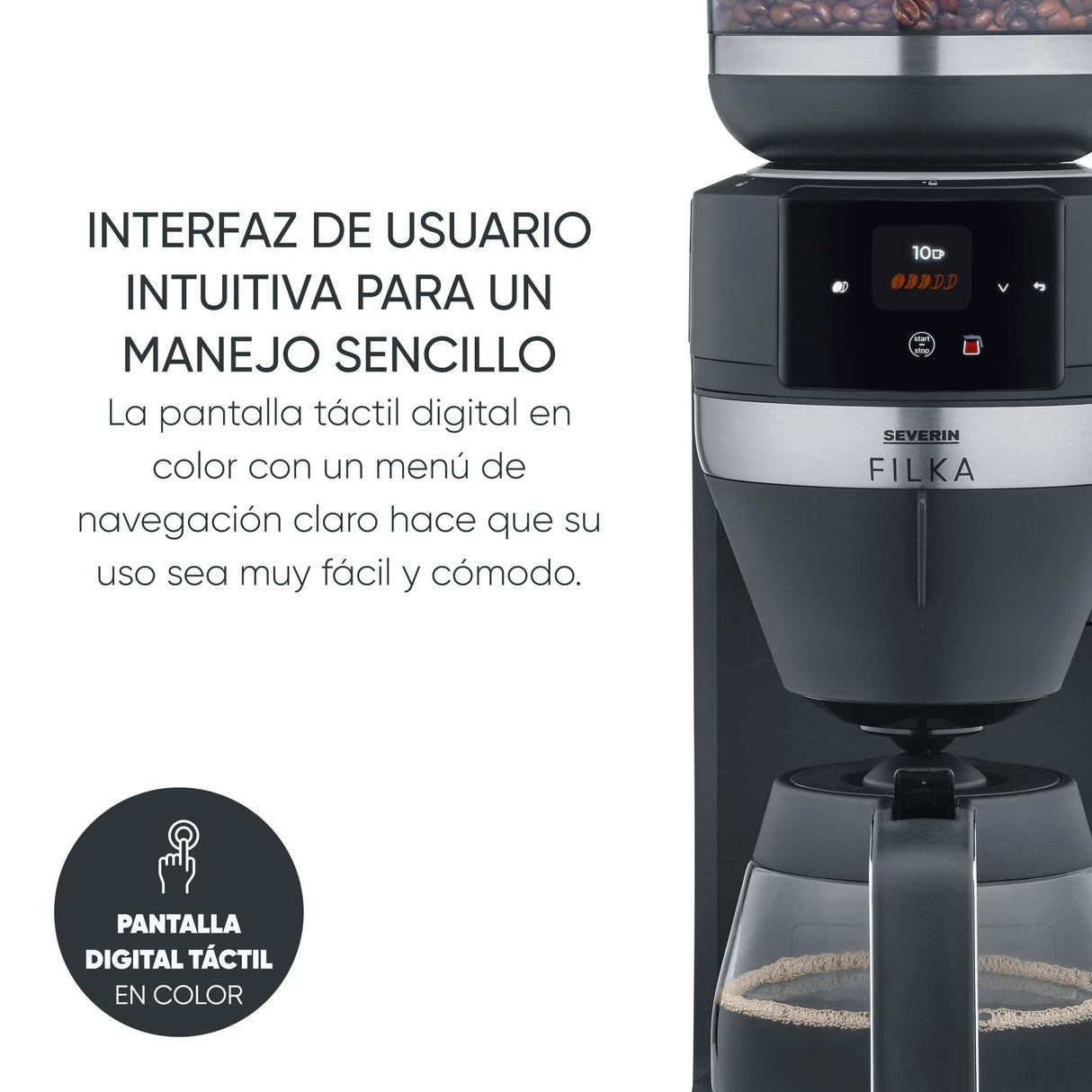 SEVERIN FILKA, cafetera de filtro totalmente automática, cafetera de filtro 5 en 1 con pantalla LED, molinillo, con jarra de cristal, negro mate/acero inoxidable, KA 9694