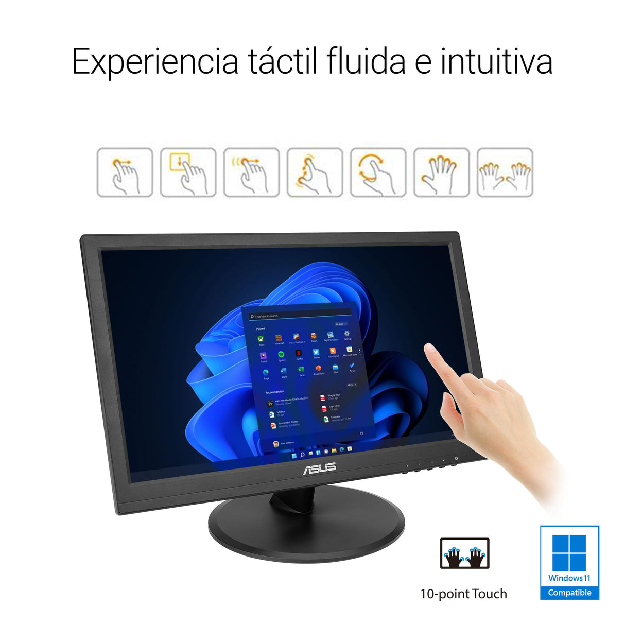 ASUS VT169HE Monitor táctil de 16" FHD (1920 x 1080), táctil de 10 Puntos, IPS, ángulo de visión Amplio, sin Marco, antiparpadeo, luz Azul Reducida, HDMI, Compatible con Windows 11